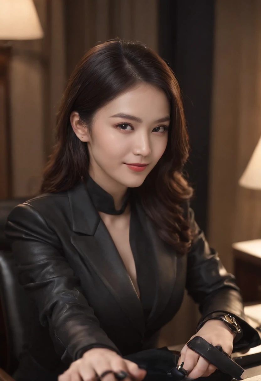 Wearing black leather gloves in both hands, upper body, black business suit, sitting on a chair at a desk in his room with a computer in the dark, looking down and smiling, writing a letter using a fountain pen, black hair bundled behind for a long time, still young, a young and very cute Japanese female new employee (black leather gloves cover both hands)