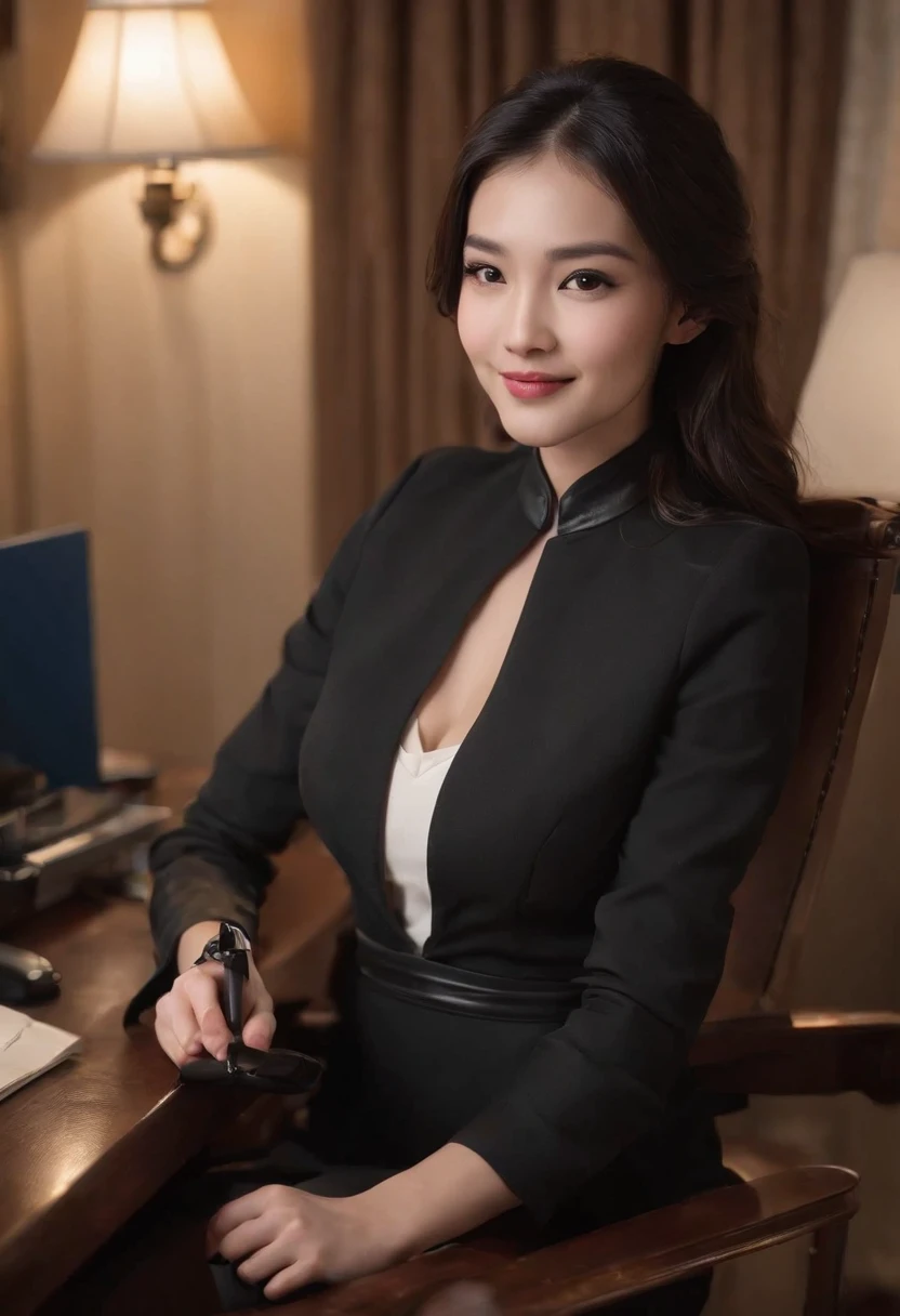 Wearing black leather gloves in both hands, upper body, black business suit, sitting on a chair at a desk in his room with a computer in the dark, looking down and smiling, writing a letter using a fountain pen, black hair bundled behind for a long time, still young, a young and very cute Japanese female new employee (black leather gloves cover both hands)