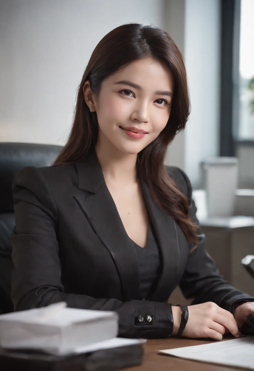 Wearing black leather gloves in both hands, upper body, black business suit, sitting on a chair at a desk in his room with a computer in the dark, looking down and smiling, writing a letter using a fountain pen, black hair bundled behind for a long time, still young, a young and very cute Japanese female new employee (black leather gloves cover both hands)