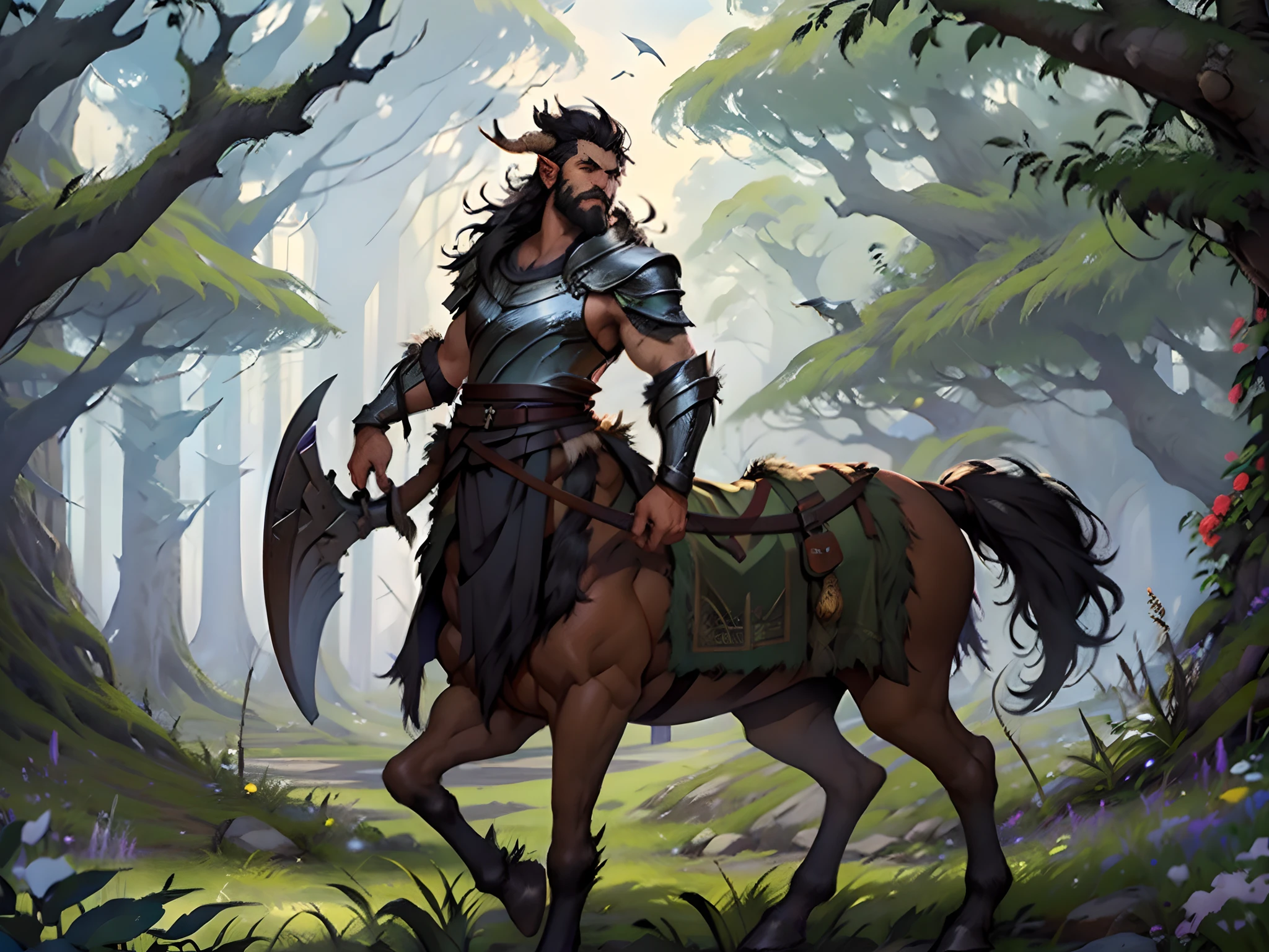 masterpiece, best quality, a portrait of a man, centaur, extremely detailed, looking at viewer, grizzly, stoic, black hair, beard, ragged clothes, strong, shaman, tribal, leather, fur cloak, animal hide, horse, hooves, hide, druid magic, nature, fullbody, standing, viking