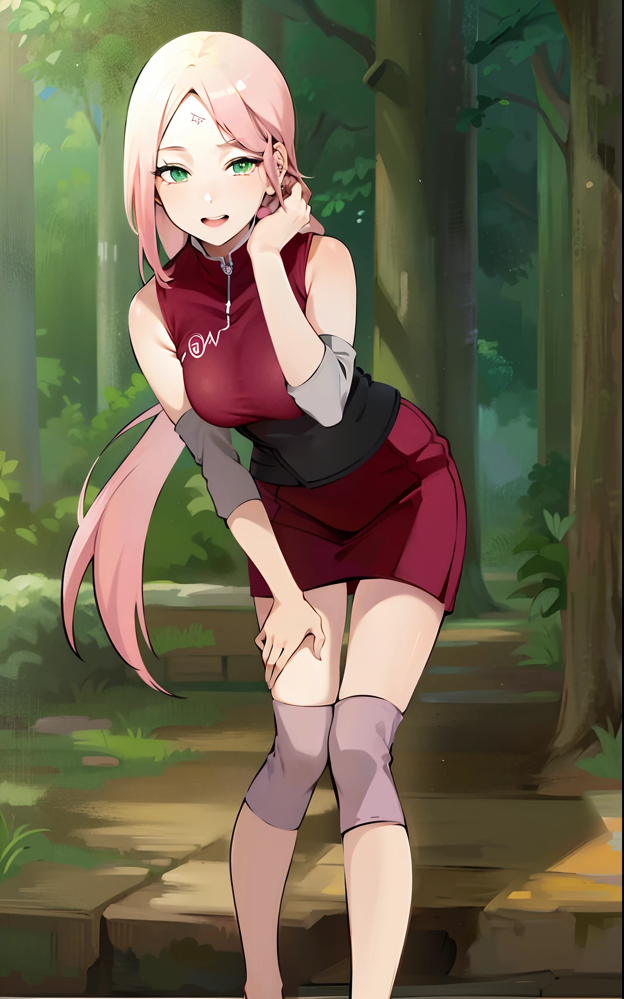 ((Masterpiece: 1.2)), ((high quality)), ((detail)), 1girl, solo, perfect face, pefect body, perfect anatomy, pretty girl, cute girl, sakura haruno, long hair, green eyes, pink hair color, red Qipao, long dress, long dress slit, bare bottom, no panty, hanging up ass, pussy visible from behind, black stockings, high sock knee, black sock, realistic, reality, high quality image, ultra detail, 8k