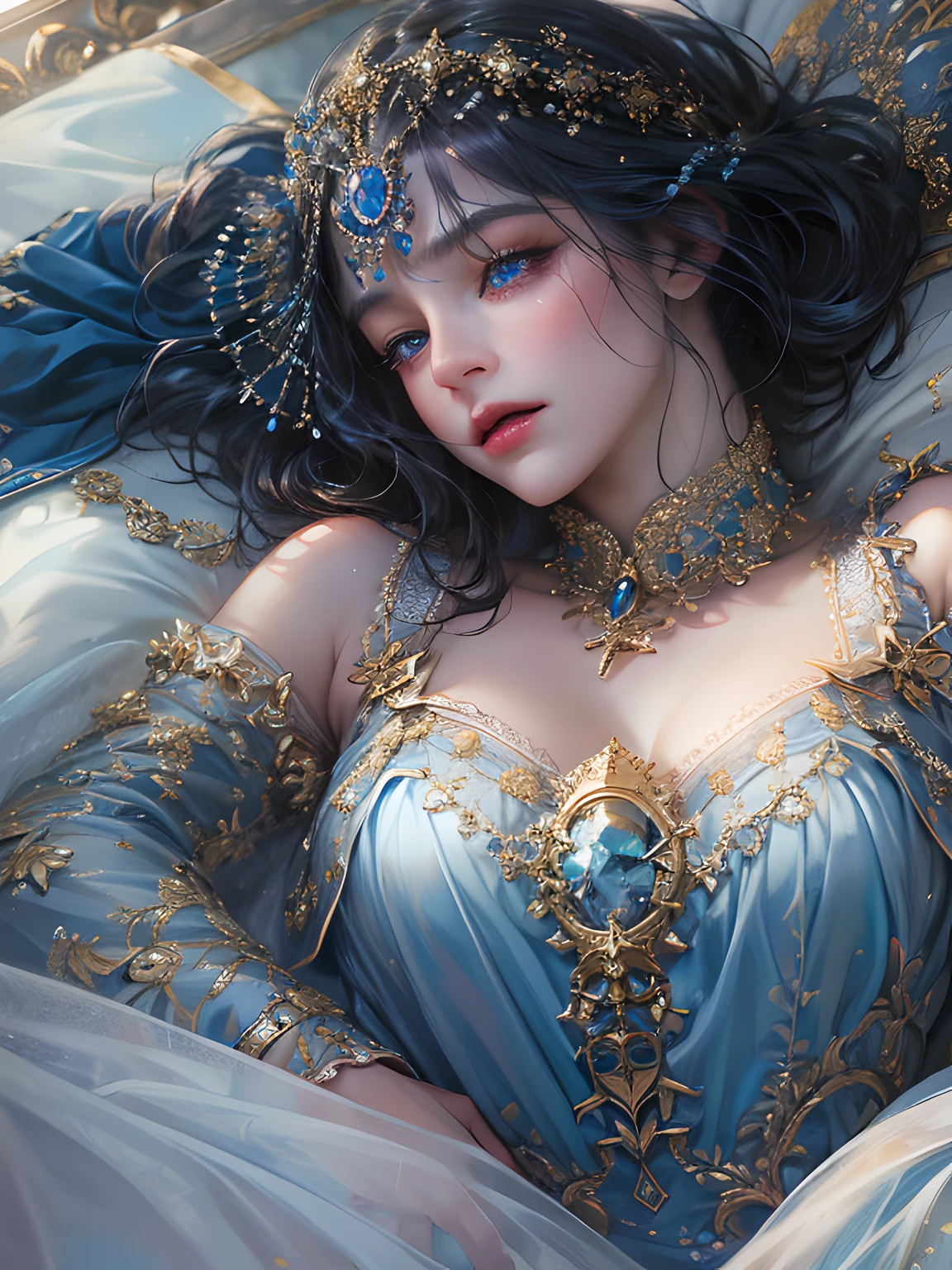 (absurdres, highres, ultra detailed, HDR), masterpiece, best quality, a mature heroine, detailed face, beautiful face with decorative detailed (black neck length hair with fringe) (blue eyes), blue details , laying on a white bed with curtains in celestial palace, detailed character, detailed celestial place of goddess, laplace, detailed backdrop