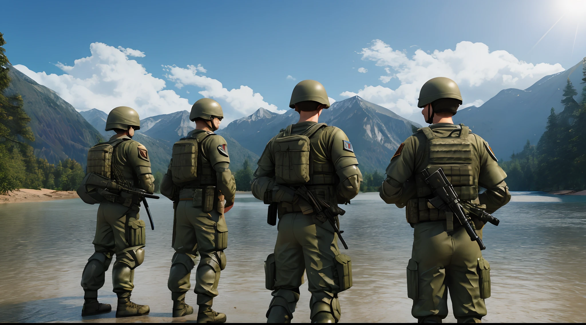 3d pixar render, age males, soldiers, army mens, swat armour, river, topless, screensaver