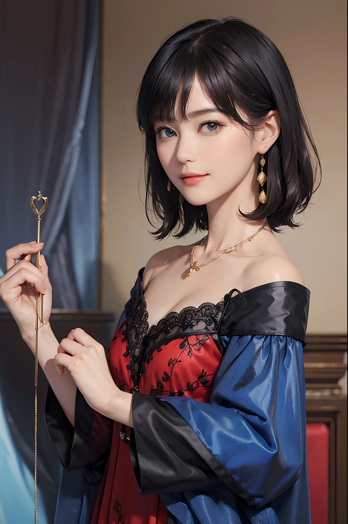 ((1womanl)), (((Black Shorthair))), (masuter piece:1,2)、top-quality、masterpiece、hight resolution、Original、highly detailed wallpaper、dress code、Luxurious necklace, A slight smil、a small face、(Breast)、(Red or blue dress)、Live-action style