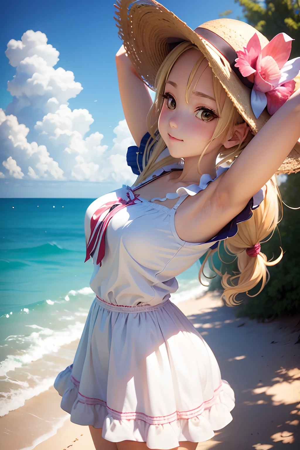 Smooth anime CG art, Also,Cute 3D anime girl render,Stretching clouds in the distance,Girl Slipping Through,Blonde twintails in straw hat smiling in white dress、nice,Far angle,coastal