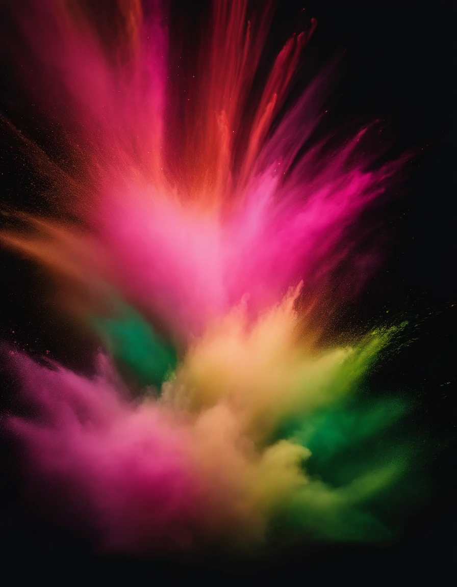 (Best Quality,hight resolution,masutepiece:1.2),Ultra-detailed,Abstract,Colorful,Explosion of pink and red and blue and green and yellow powder isolated on black background,Shimmering texture,Visible background,Freezing Movement,Colorful Pauda, Radial from the center, The best balance, best composition,