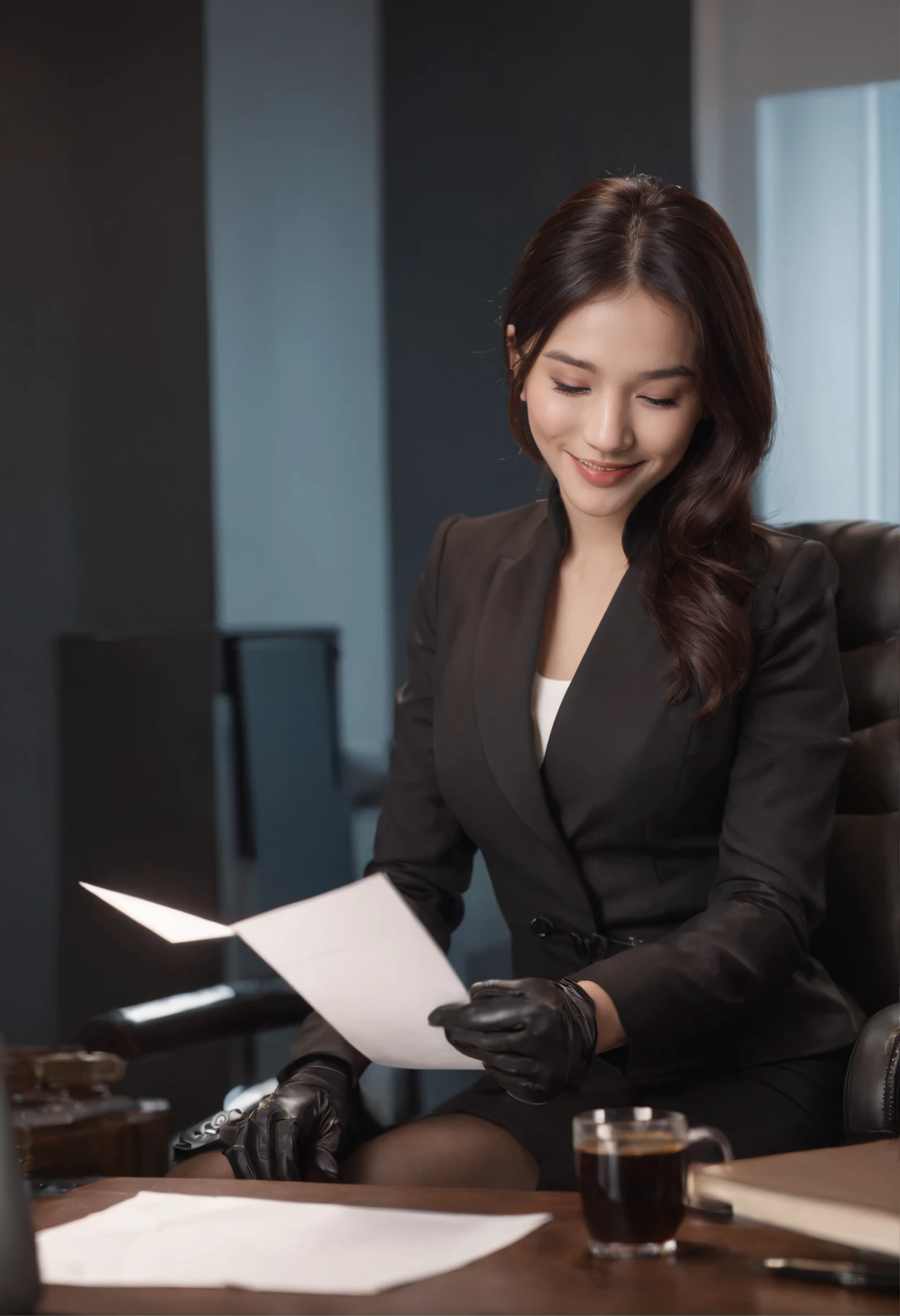 Wearing black leather gloves in both hands, upper body, black business suit, sitting on a chair at a desk in his room with a computer in the dark, looking down and smiling, writing a letter using a fountain pen, black hair bundled behind for a long time, still young, a young and very cute Japanese female new employee (black leather gloves cover both hands)