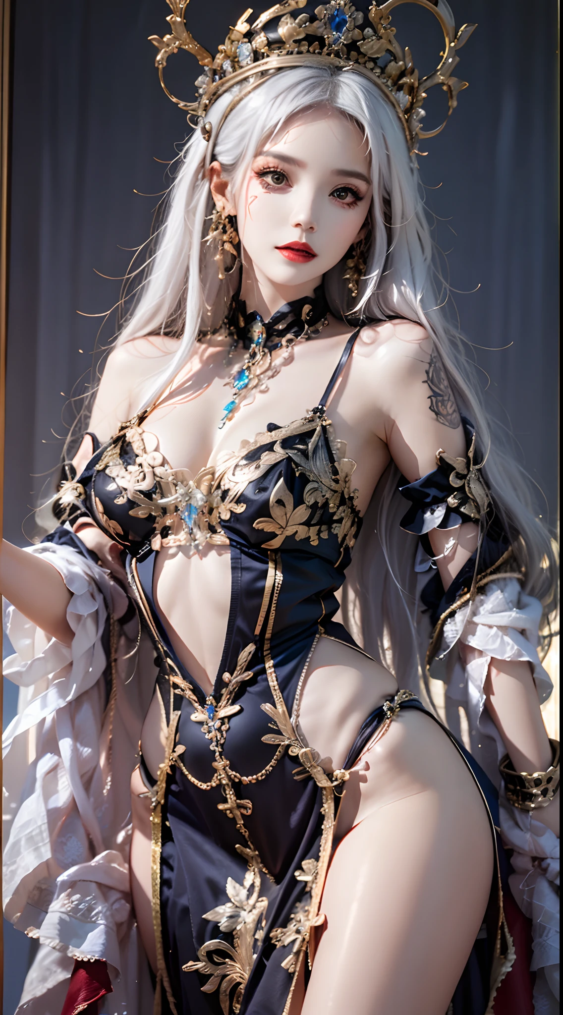 photorealistic, high resolution, 1women, mature female, solo, hips up, jewelry, tattoo, white hair, long hair, make up, red lips, queen dress, lodress
