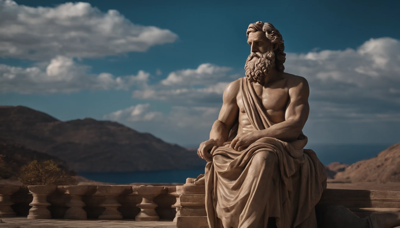 Muscular statue of Greek philosopher, barba grande, cinemactic, fundo escuro, 8k, ultra realistic, Scenario from 2,000 years ago