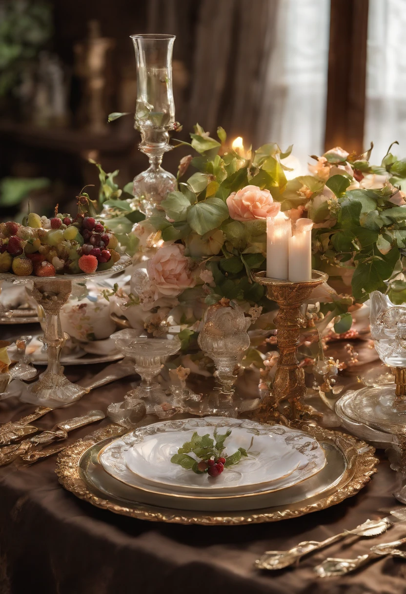 (Best quality,4K,8K,A high resolution,Masterpiece:1.2),Ultra-detailed,Amazingly beautiful table set,Delicate flower arrangement,Natural lighting,Golden candlelight,Soft and warm color palette,Inviting atmosphere,Homely,Simple and elegant,Harmonious composition,Meticulous attention to detail,subtletextures,Tastefully furnished,Translucent glassware,Delicious fresh fruit,Crystal clear water droplets on the fruit,Crispy and juicy,Refreshing,Lovely scent of flowers and fruits,Exquisite porcelain dinner plate,Smooth and glossy surface,Vintage silverware,Exquisite and gorgeous design,Romantic and cozy atmosphere,Relaxing and comfortable,serenity and calm,Healthy and inviting,Elegant pleats and curtains,Rich brown color,Subtle shadows and highlights,soft natural lighting,A soothing and peaceful atmosphere,A central ornament made of vibrant seasonal flowers,Delicate buds and flowers,a faint fragrance in the air,The petals are beautifully arranged,Soft and natural texture,A warm and inviting color palette,Authentic and rustic elements,Crimson wine，Crystal clear wine glasses,Bubbles that surface,Candlelight reflection,glittery，Cleavage is seductive,Green leaves and green leaves,Add a touch of freshness and nature,Lovely contrast between greenery and fruit,Symbolizes abundance and vitality,A feast for the senses.in a panoramic view，deep colour