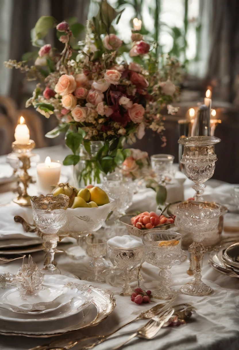 (Best quality,4K,8K,A high resolution,Masterpiece:1.2),Ultra-detailed,Amazingly beautiful table set,Delicate flower arrangement,Natural lighting,Golden candlelight,Soft and warm color palette,Inviting atmosphere,Homely,Simple and elegant,Harmonious composition,Meticulous attention to detail,subtletextures,Tastefully furnished,Translucent glassware,Delicious fresh fruit,Crystal clear water droplets on the fruit,Crispy and juicy,Refreshing,Lovely scent of flowers and fruits,Exquisite porcelain dinner plate,Smooth and glossy surface,Vintage silverware,Exquisite and gorgeous design,Romantic and cozy atmosphere,Relaxing and comfortable,serenity and calm,Healthy and inviting,Elegant pleats and curtains,Rich brown color,Subtle shadows and highlights,soft natural lighting,A soothing and peaceful atmosphere,A central ornament made of vibrant seasonal flowers,Delicate buds and flowers,a faint fragrance in the air,The petals are beautifully arranged,Soft and natural texture,A warm and inviting color palette,Authentic and rustic elements,Crimson wine,Crystal clear wine glasses,Bubbles that surface,Candlelight reflection,glittery,Cleavage is seductive,Green leaves and green leaves,Add a touch of freshness and nature,Lovely contrast between greenery and fruit,Symbolizes abundance and vitality,A feast for the senses.in a panoramic view,deep colour