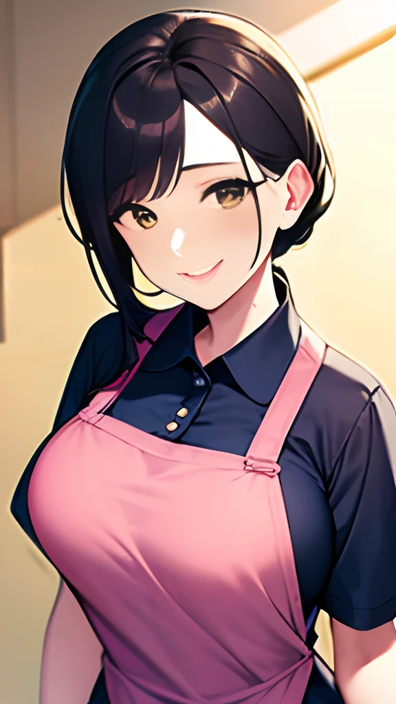(masterpiece),Girl working in a nursing home,in her 20s,cute face、A smile looks good,Breast size:1.2,Dressed in a pink polo shirt,yellow apron,FULL BODYSHOT,The background is a nursing home