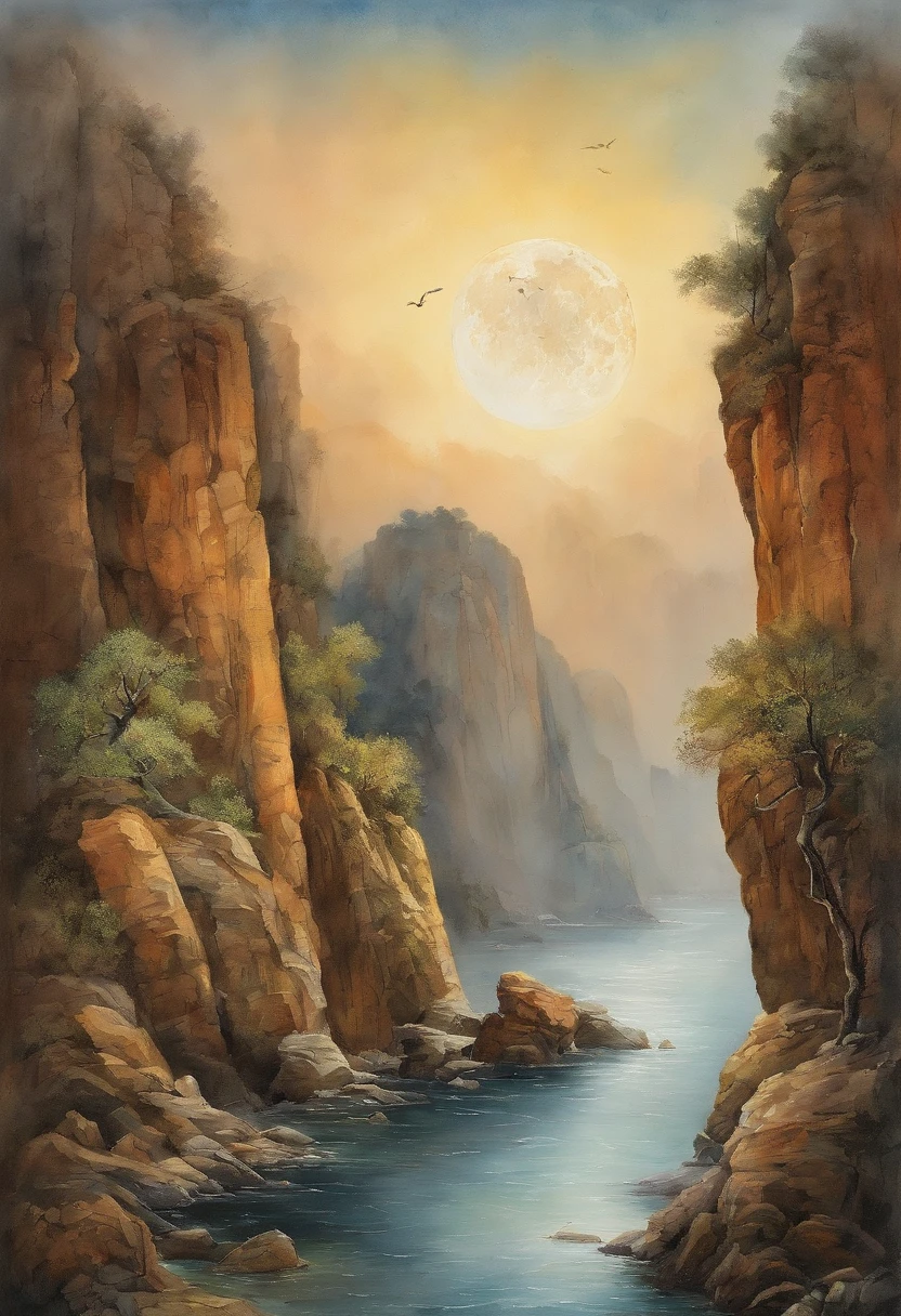 (Tang Feng),(A cliff illuminated by a huge moon),Ultra-long-range viewing angle,No Man,scenecy,the detail
