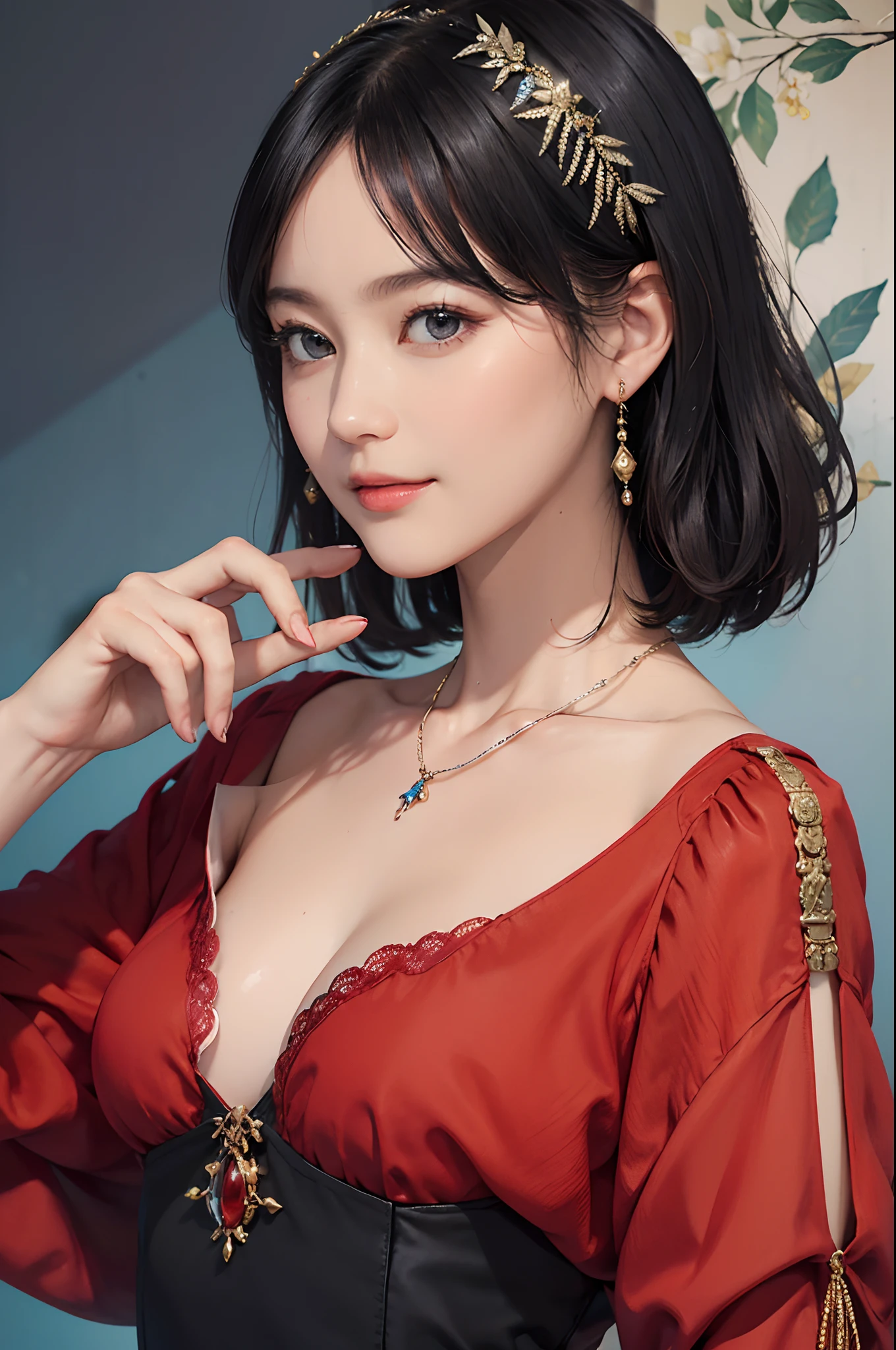 ((1womanl)),  (((Black Shorthair))), （masuter piece：1,2）、top-quality、​masterpiece、hight resolution、Original、highly detailed wallpaper、dress code、Luxurious necklace, A slight smil、a small face、(Breast)、(Red or blue dress)、Live-action style