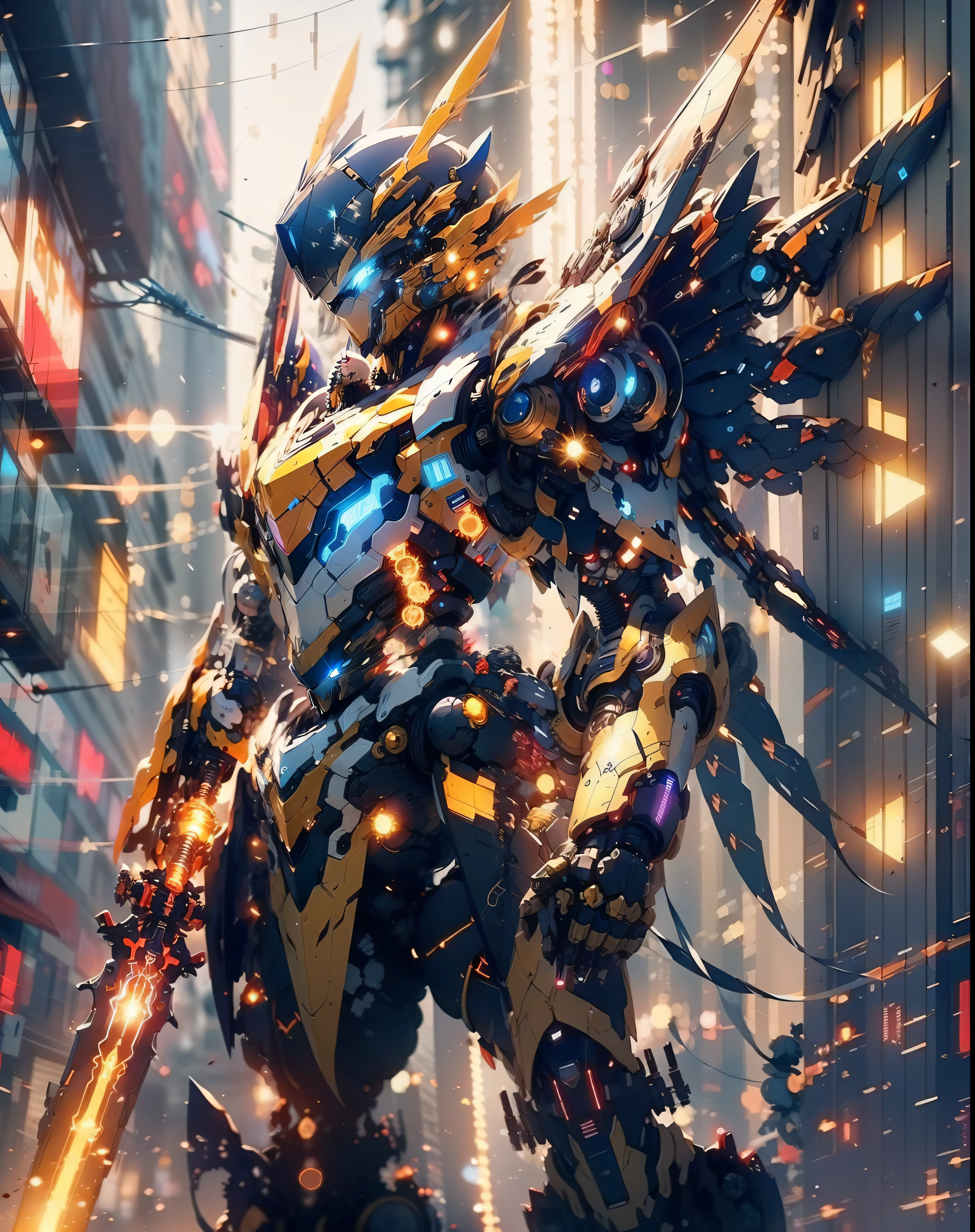 Giant mecha god robot,Double mechanical wings,Skysky,Technologie,A detailed,longspear, (((bokeh:1.3)))