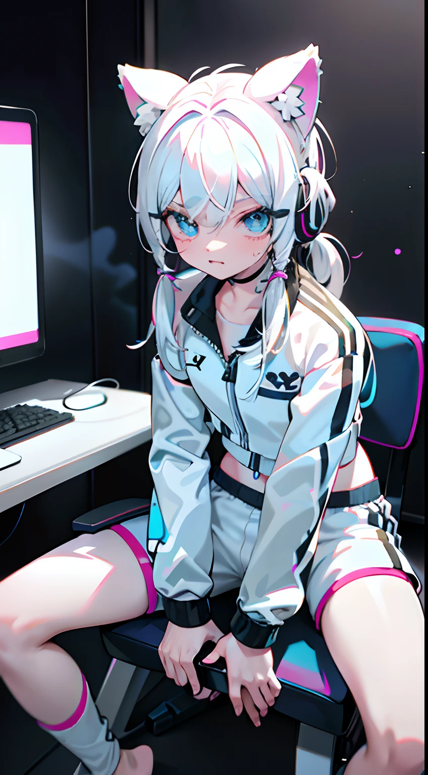 masterpiece, Best Quality, Colorful, r with white hair, (((mullet hairstyle))), 1 girl, light blue slant eyes, fangs, touching translucent panels, In dark voids filled with small intense particles of light, ((((white tracksuit, white shorts, barefoot)))), playing games, holding game controller, gamepad, (((sitting on a gaming chair and holding one knee))), Front floating screen, Dramatic viewing angles, Dynamic Pose, (Close-up of face focus:1.2), wearing cat ear headphones, Contrasty, color combination, Bright, depth of field, High resolution, Extremely complex details, Dramatic shadows, Global Illumination