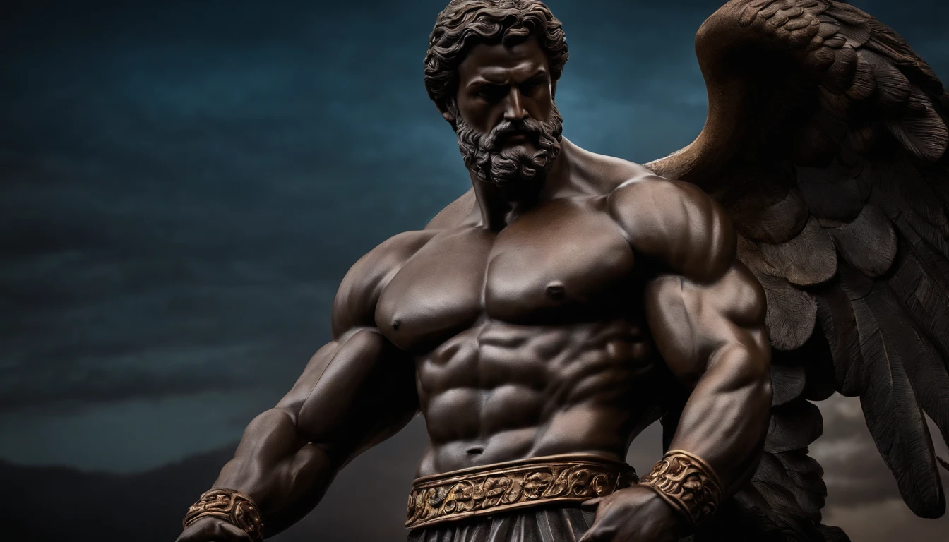 Stoic Greek Hercules style statue with highlighted muscles dark background