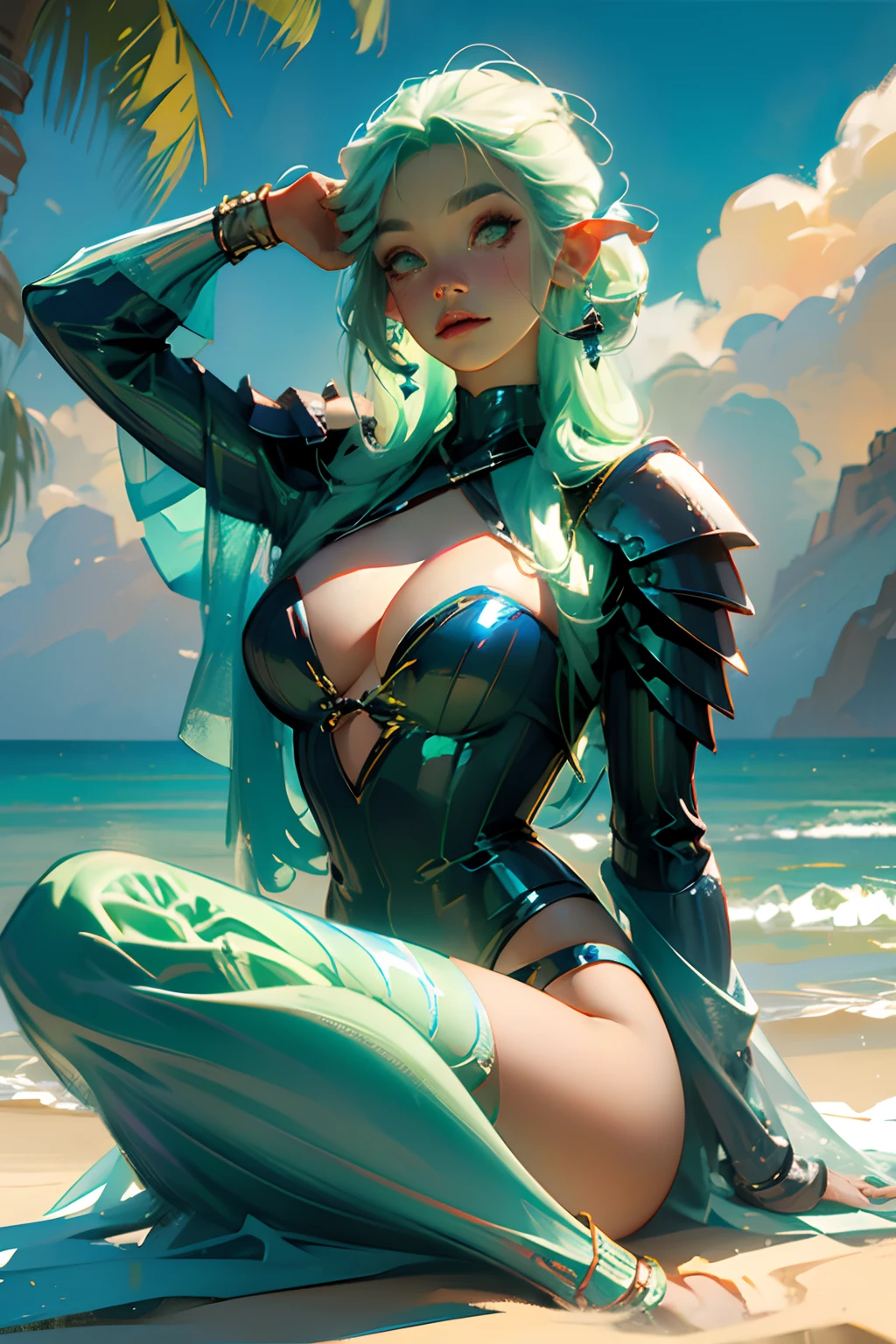 female orc green skin, blue hair, tusks, curvy glamour shot on the beach in the sun, modeling fantasy leather armor --auto