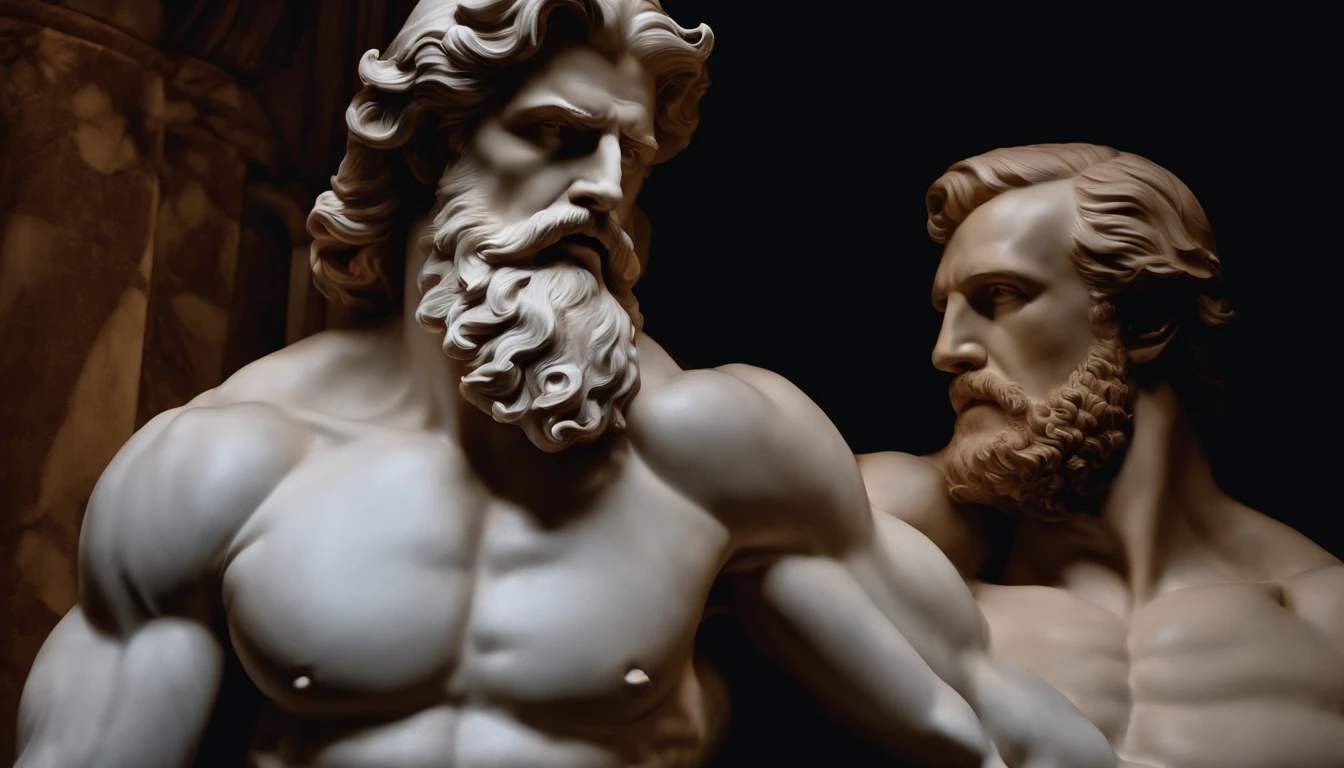 A white marble statue of a muscle, Bearded man with a stern look in a dark square at night, in the style of photographers Annie Leibovitz and Peter Lindbergh.