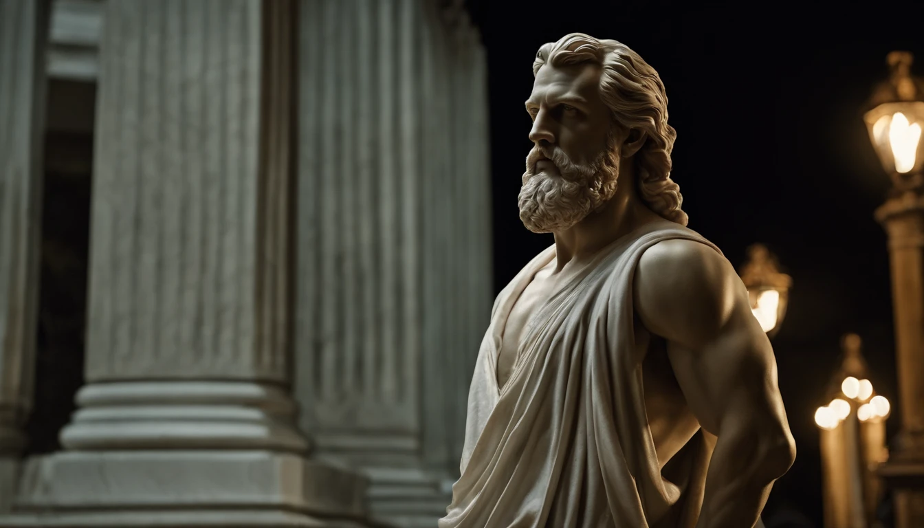 A white marble statue of a muscle, Bearded man with a stern look in a dark square at night, in the style of photographers Annie Leibovitz and Peter Lindbergh.