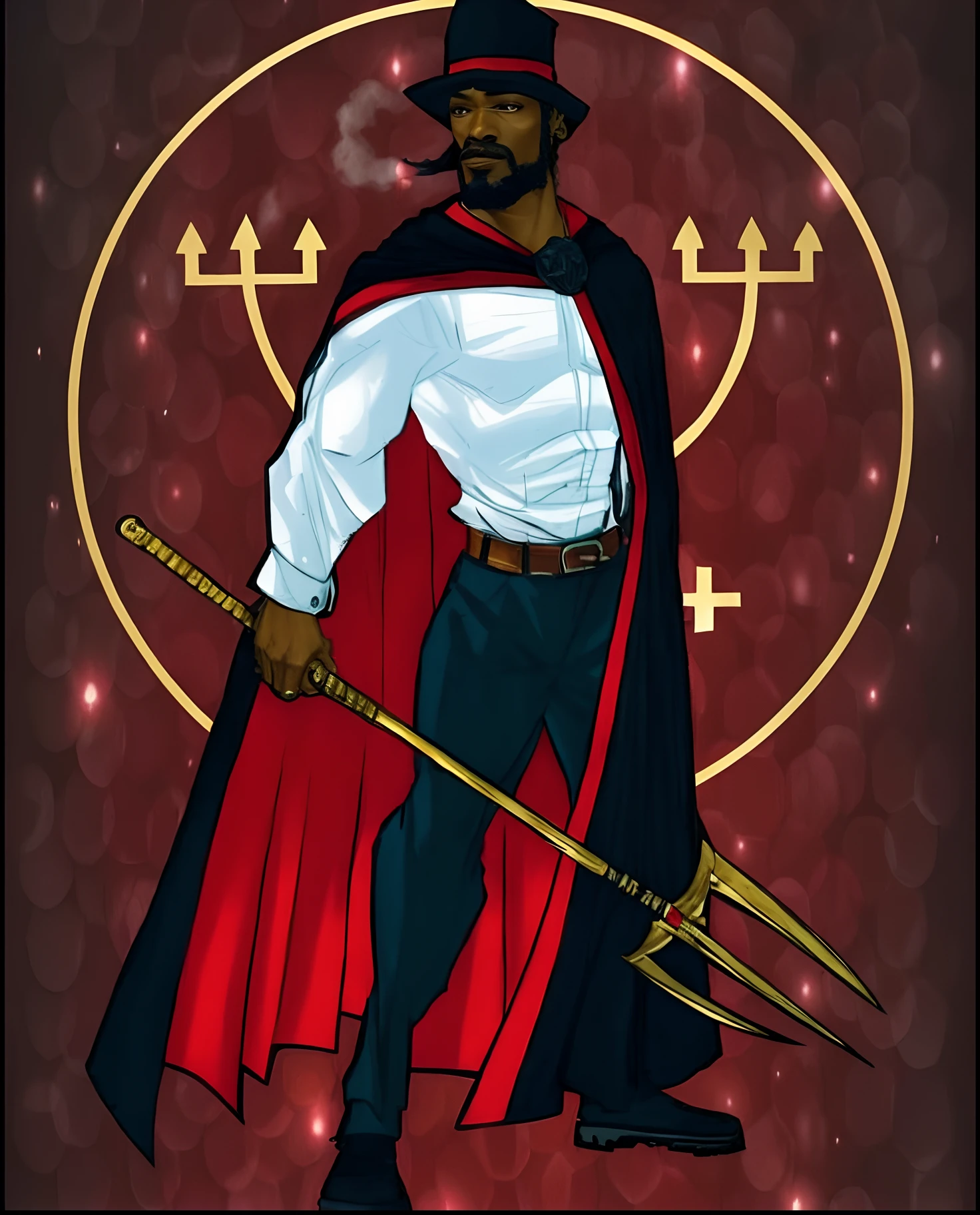 Extremely perfect and detailed cinematic hyperrealistic image of a man dressed in a cape and holding a sword, Snoop Dogg como Doutor Estranho, Snoop Dogg como um Mago, Thor Preto, simetria!! Retrato de Hades, Directed by: Maxwell Bates, Feiticeiros Cyberpunk Africanos, segurando seu tridente, aries fiery ram tarot, Deus masculino bonito da morte, Inspirado em Kris de Deltarrune, foice, O Deus Hades, Exu, umbanda [Exu]