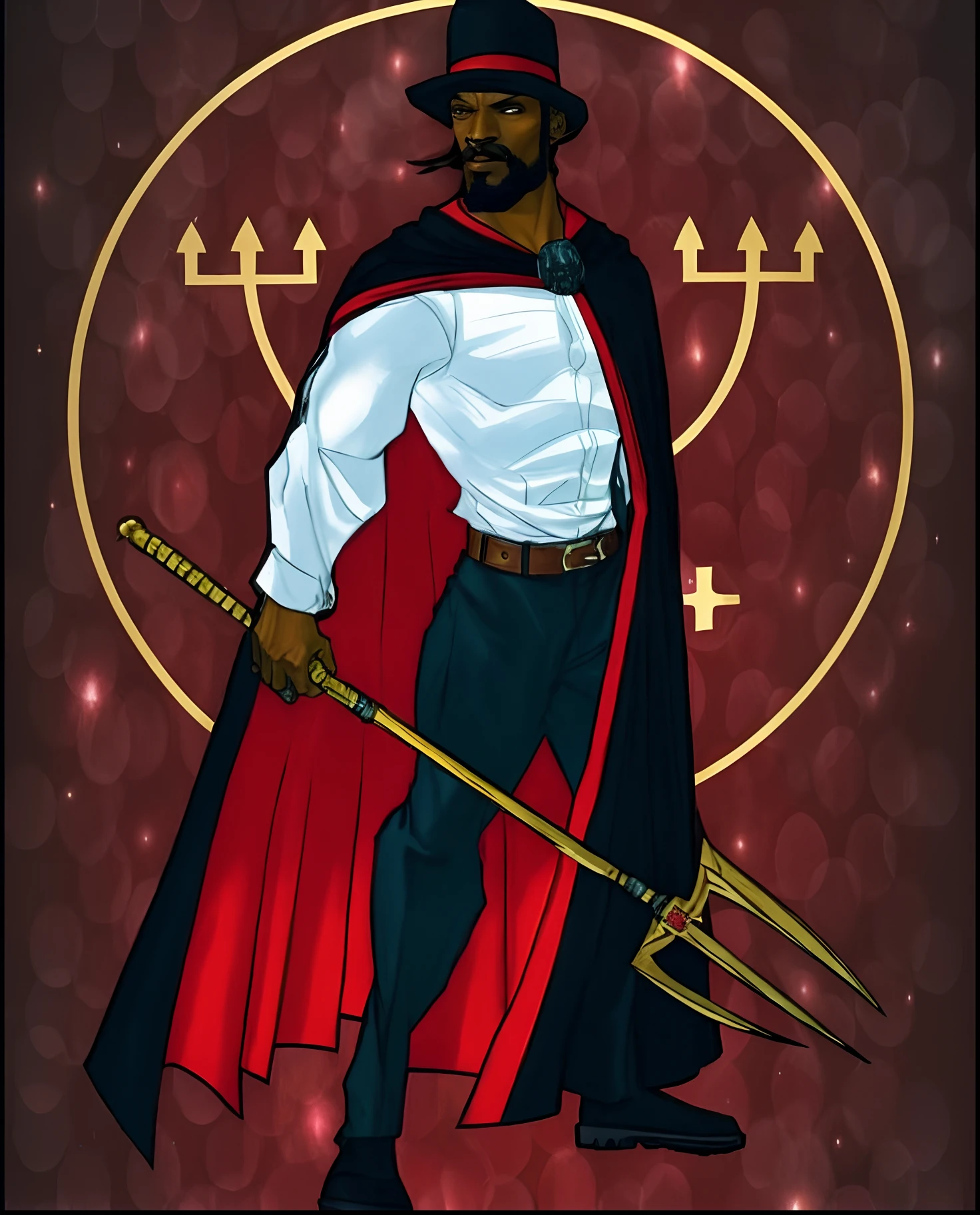 Extremely perfect and detailed cinematic hyperrealistic image of a man dressed in a cape and holding a sword, Snoop Dogg como Doutor Estranho, Snoop Dogg como um Mago, Thor Preto, simetria!! Retrato de Hades, Directed by: Maxwell Bates, Feiticeiros Cyberpunk Africanos, segurando seu tridente, aries fiery ram tarot, Deus masculino bonito da morte, Inspirado em Kris de Deltarrune, foice, O Deus Hades, Exu, umbanda [Exu]
