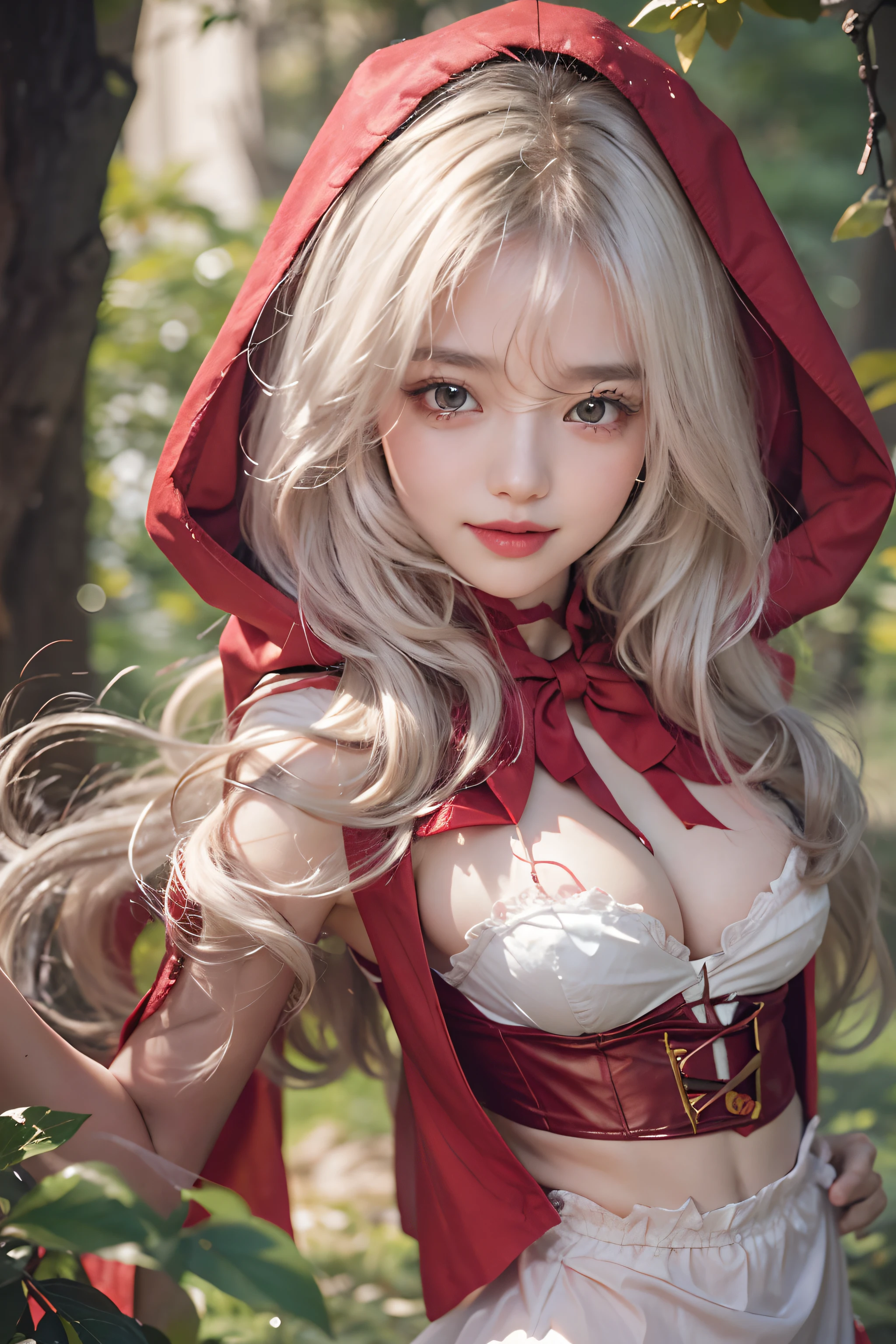 realisitic、8K UHD、hight resolution、(red riding hood)、(from above)、(1girl in)、(Cute smile))、(full bodyesbian)、(Model Pose)、High quality shadows、Detail Beautiful delicate face、Detail Beautiful delicate eyes、in her 20s、(The best smile)、Pretty Kpop Girl、(Korean Urzan Face)、(ulzzang -6500-v1.1:0.6)、pureerosface_v1、gloweyes、perfectbody、(Colossal tits)、 ((look at viewr))、Hasselblad, Carl zeiss, Incredible dynamic range photography(UTIL_Art by Smoose-768:1.1), (White hair color)、teak、Bright red lipstick、Glossy lips、Natural color reproduction, ((strong lights))、((Hood cover))、(a choker)、((Brown eyes))、((Beautiful Finger))、(White hair), (Twin braids)、(Pattsun bangs)、(bangss)、 Shiny hair、Description beautiful delicate hair、(Lustrous skin)、((Spread your arms))、((Little Red Riding Hood、((Red Long Cape、Wear the red hood deeply、Wearing a red skirt、))、(corsets)、(deep-forest)、(Scattering dead leaves)、