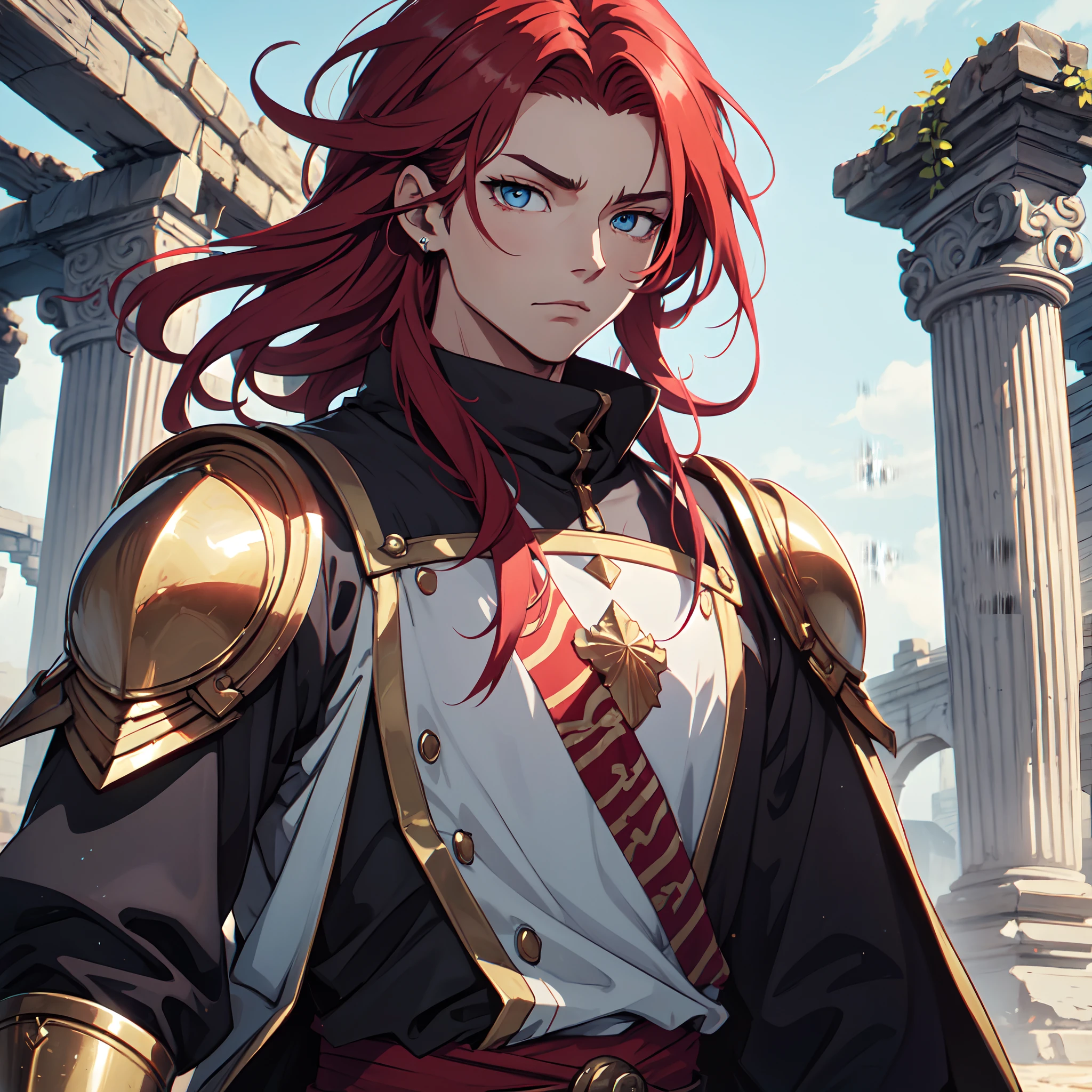 Ultra High Definition, Ultra High Quality, Extremely Detailed, Perfectly Detailed, Masterpiece, 8k, 1 Boy, Look A Like Xin From Kingdom Anime, Handsome, Equipped With Paladin Armor, Solid Light Blue Eyes, Long Red Hair, Body Shot, Ancient Kingdom Background