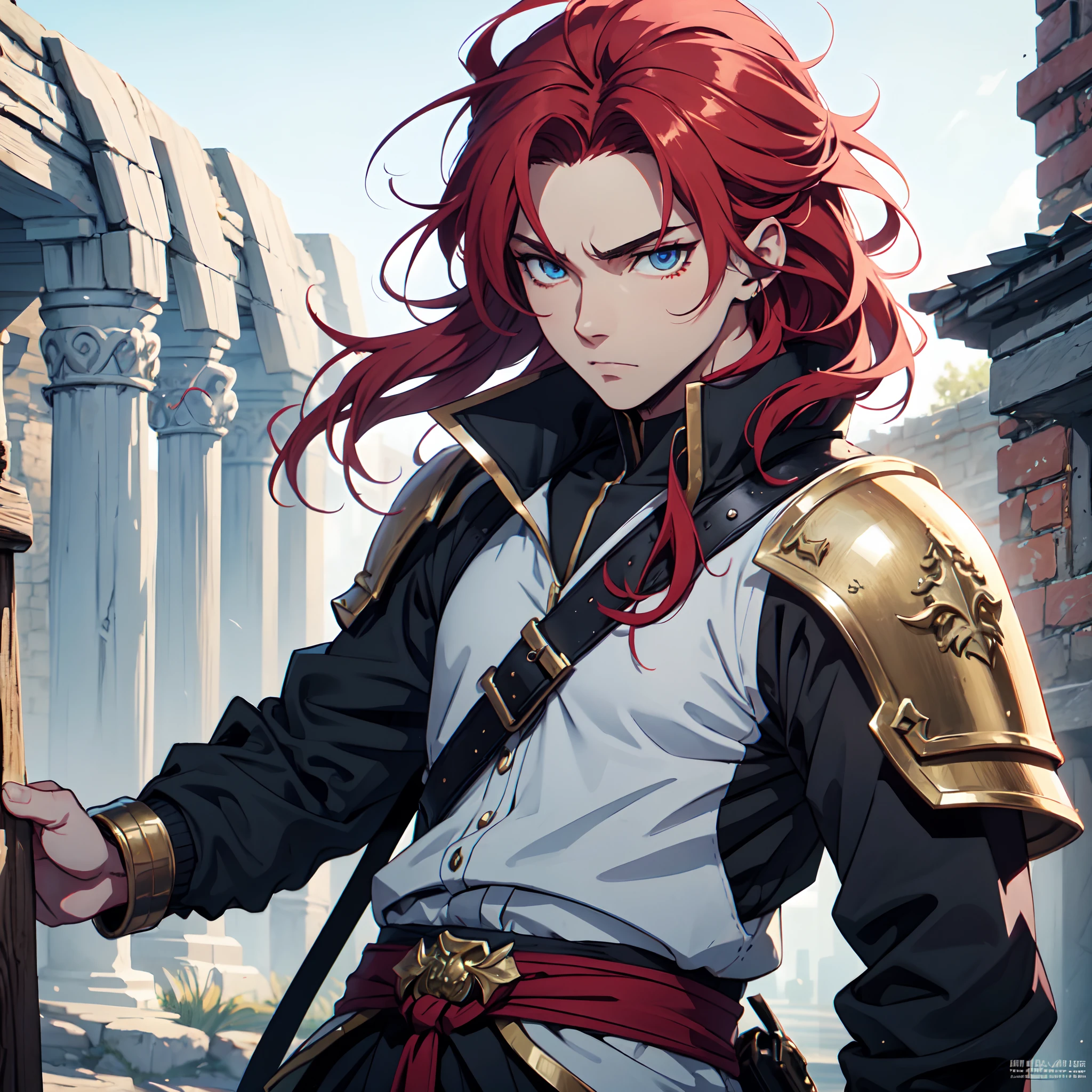 Ultra High Definition, Ultra High Quality, Extremely Detailed, Perfectly Detailed, Masterpiece, 8k, 1 Boy, Look A Like Xin From Kingdom Anime, Handsome, Equipped With Paladin Armor, Solid Light Blue Eyes, Long Red Hair, Body Shot, Ancient Kingdom Background