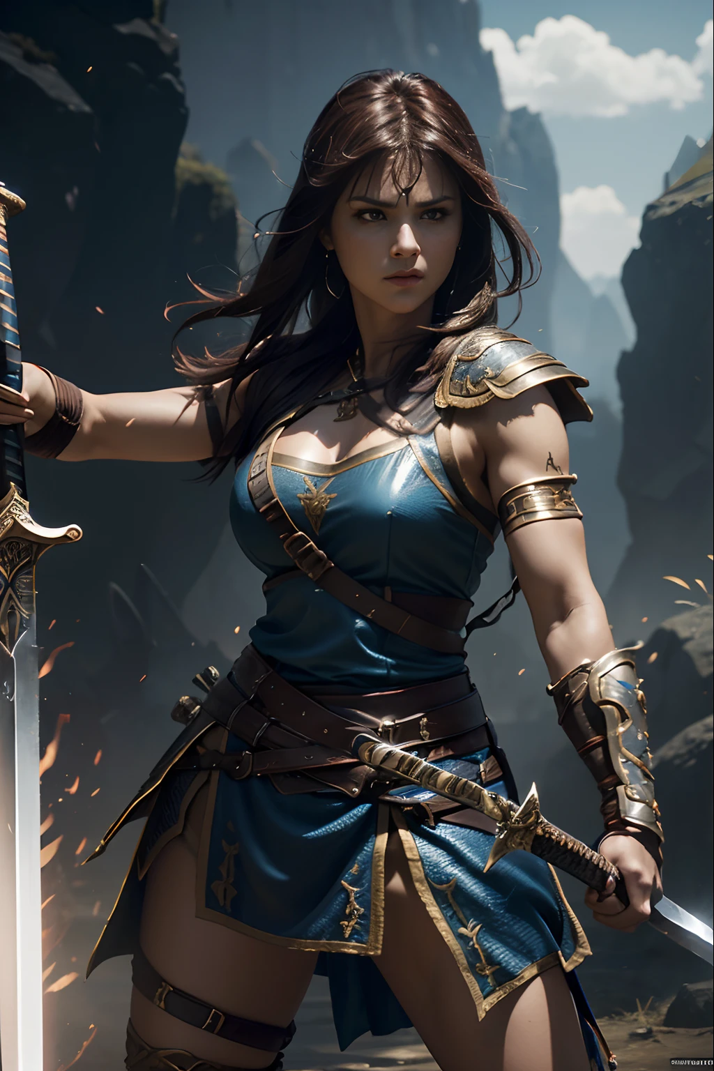 ((Offensive Stance)), ((wielding sword)), (Highly detailed CG Unity 16K wallpaper:1.1), (Denoising strength: 1.45), (tmasterpiece:1.37), Game style, Warrior princess Xena, hyper HD, Dark Fantasy,