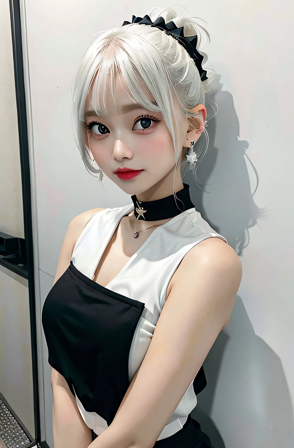 best quality, ultra high res, 1girl, sleeveless white button shirt, black skirt, black choker, cute, (Kpop idol), (aegyo sal:1), (platinum blonde hair:1), ((puffy eyes)), looking at viewer, full body, facing front