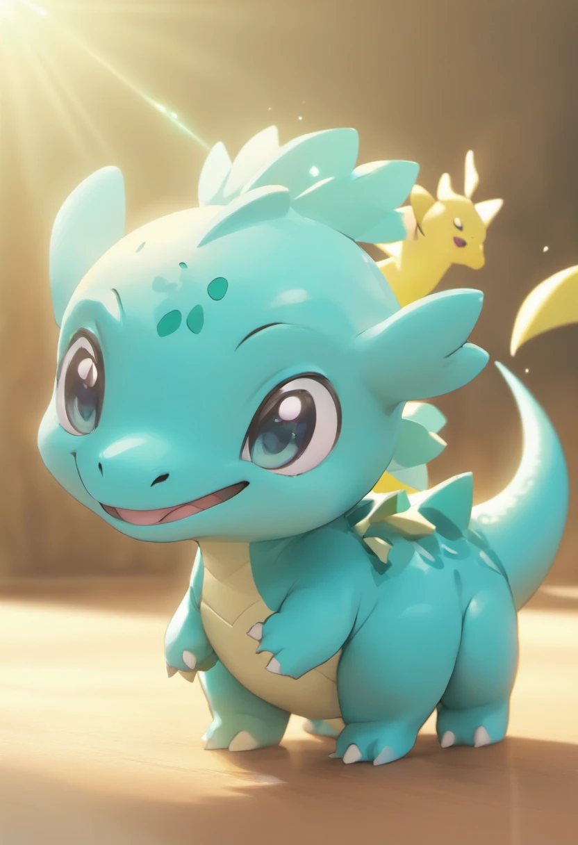 Cute kawaii dinosaurs,teal skin,Popmart blind box,claymaterial,Bright background,arte 3D,depth of fields,pixar trend,hyper realisitc,Ray traching,Complicated details,animation lighting,full bodyesbian,standing on your feet