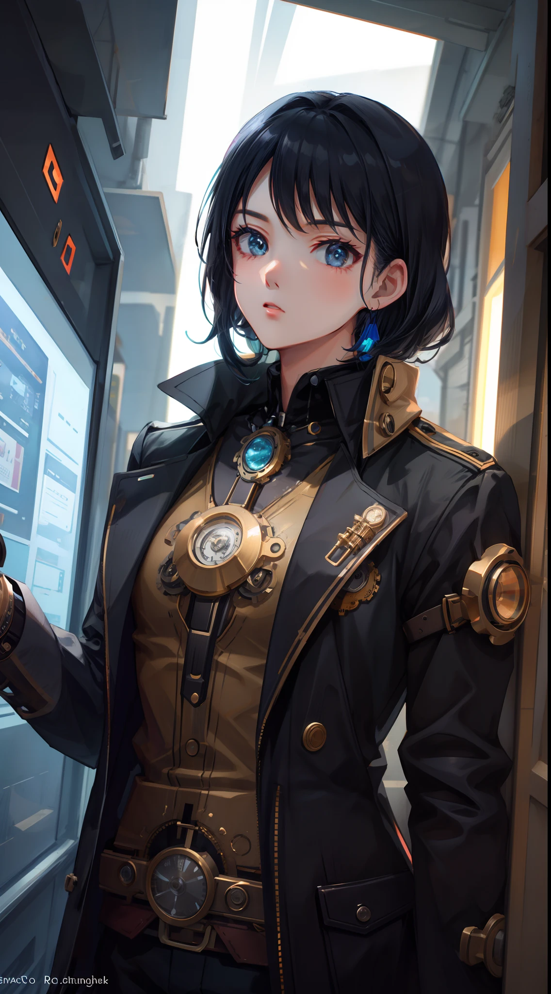 1 girl, upper body, single focus, steampunk appearance, Victorian steampunk attire, steam-powered accessories, (steampunk style: 1.4), (mechanical wonders: 1.3), steampunk features, retro-futuristic aura, [depth of field, ambient lighting, steampunk fashion foreground, retro-futuristic look], Steampunk Sci-Fi, steam-powered marvels, retro-futuristic inventions, (mechanical gadgets), (clockwork details: 1.2), intricate details, enhanced lighting.