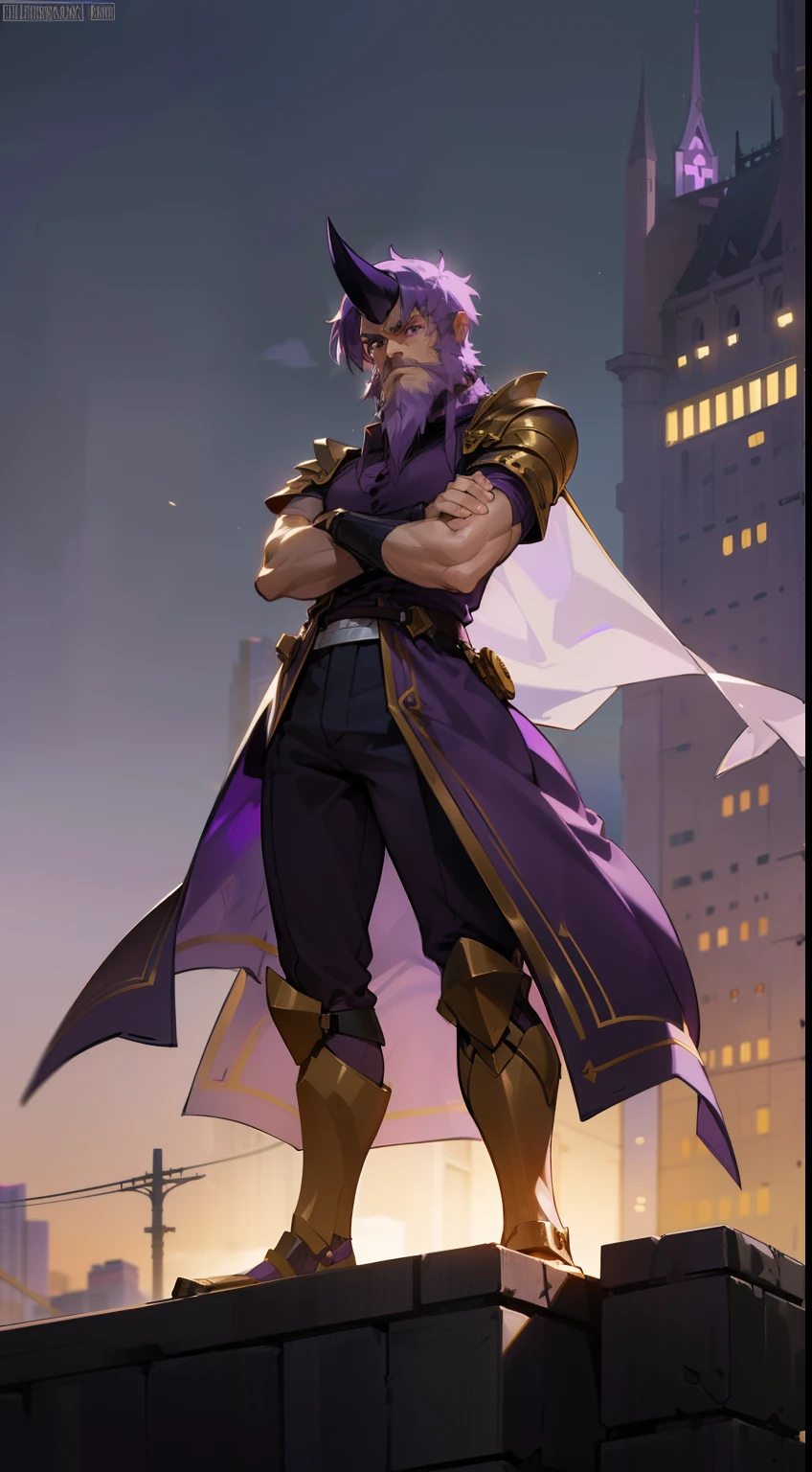 1man,((purple short beard,purple hair)),30s,black horn,solo,muscle,purple eyes,short hair, templar golden knight outfit,serious face,masterpiece,hd,4k,detailed face,best quality,night city,crossed arms,standing