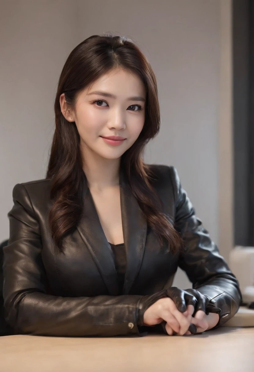 Wearing black leather gloves in both hands, upper body, black business suit, facing the desk in my room with a computer in the dark, looking down and smiling, operating the computer with the fingertips of black leather gloves, black hair bundled at the back for a long time, still young and very cute Japanese female new employee (black leather gloves cover both hands)
