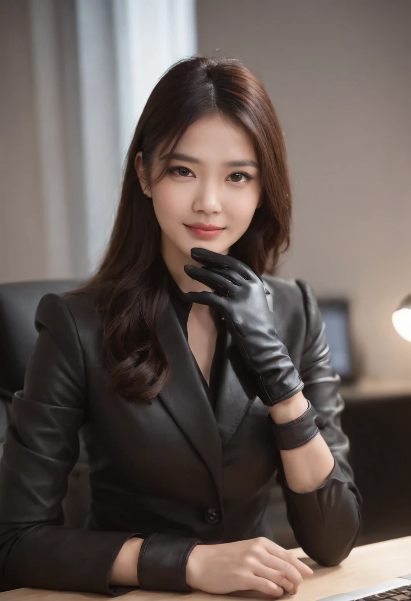 Wearing black leather gloves in both hands, upper body, black business suit, facing the desk in my room with a computer in the dark, looking down and smiling, operating the computer with the fingertips of black leather gloves, black hair bundled at the back for a long time, still young and very cute Japanese female new employee (black leather gloves cover both hands)