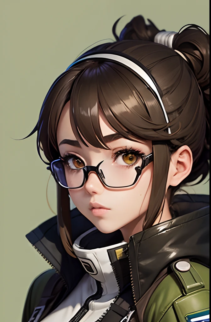 Wearing very large futuristic VR goggles on your head、Female Inventor, the hair on the head is dark brown, The hair on the head is tied into one, Big eyes、It has a light brown color, Large black-rimmed glasses, Freckles on the cheeks, Please wear an army green color flight jacket ,Modern anime style, anime style illustration, By Shinkai Makoto ( Apex Legends ), digital anime illustration, The skin color is tanned dark brown