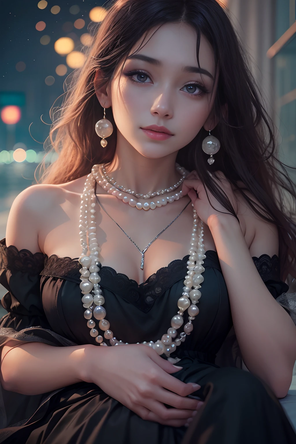 20-year-old woman, beautiful, long hair, , facing at camera, Wear a long black dress, Wear a pearl necklace, Half body photo, The background is nightfall, starysky.