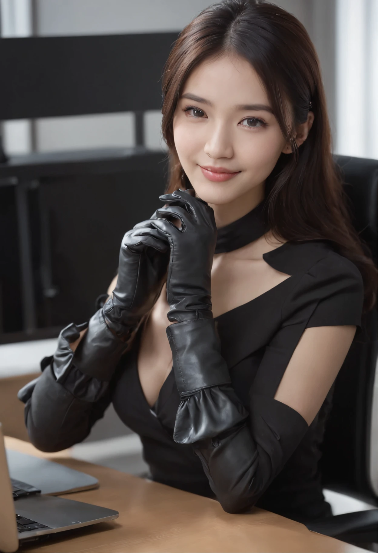 Wearing black leather gloves in both hands, upper body, black business suit, facing the desk in my room with a computer in the dark, looking down and smiling, operating the computer with the fingertips of black leather gloves, black hair bundled at the back for a long time, still young and very cute Japanese female new employee (black leather gloves cover both hands)