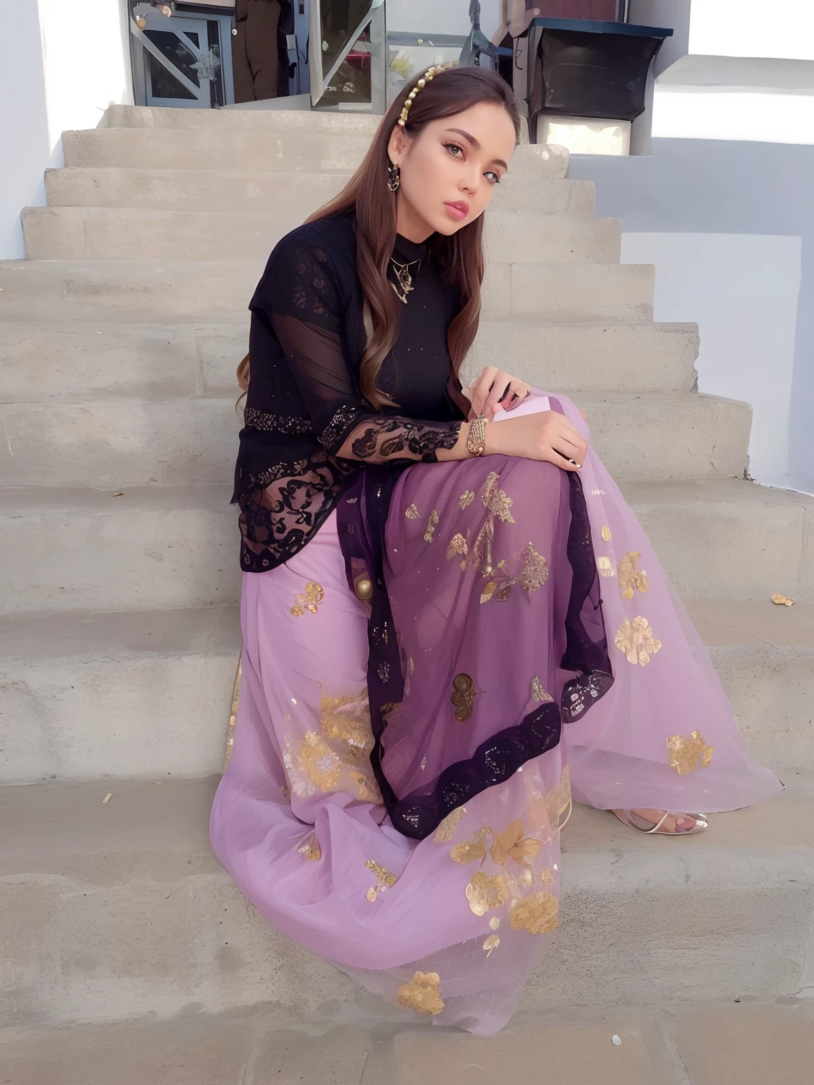 (masterpiece, best quality), beautiful woman, detailed sleeveless turtleneck top, pants, necklace, wavy hair, perfect face, beautiful face, alluring, big gorgeous eyes, open mouth, happy, perfect slim fit body, (outdoor), city streets, new york, bright colors