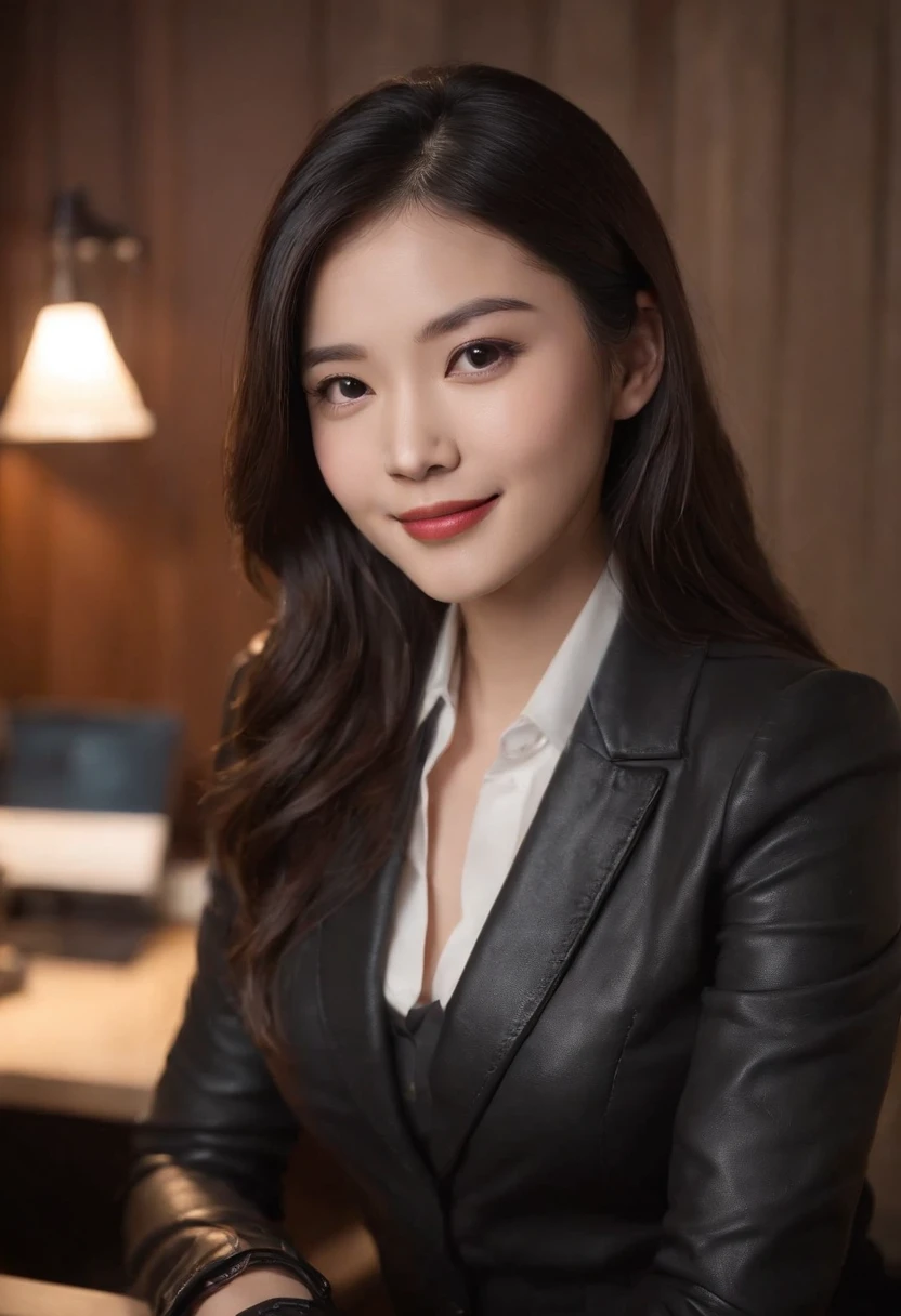 Wearing black leather gloves in both hands, upper body, black business suit, facing the desk in my room with a computer in the dark, looking down and smiling, operating the computer with the fingertips of black leather gloves, black hair bundled at the back for a long time, still young and very cute Japanese female new employee (black leather gloves cover both hands)