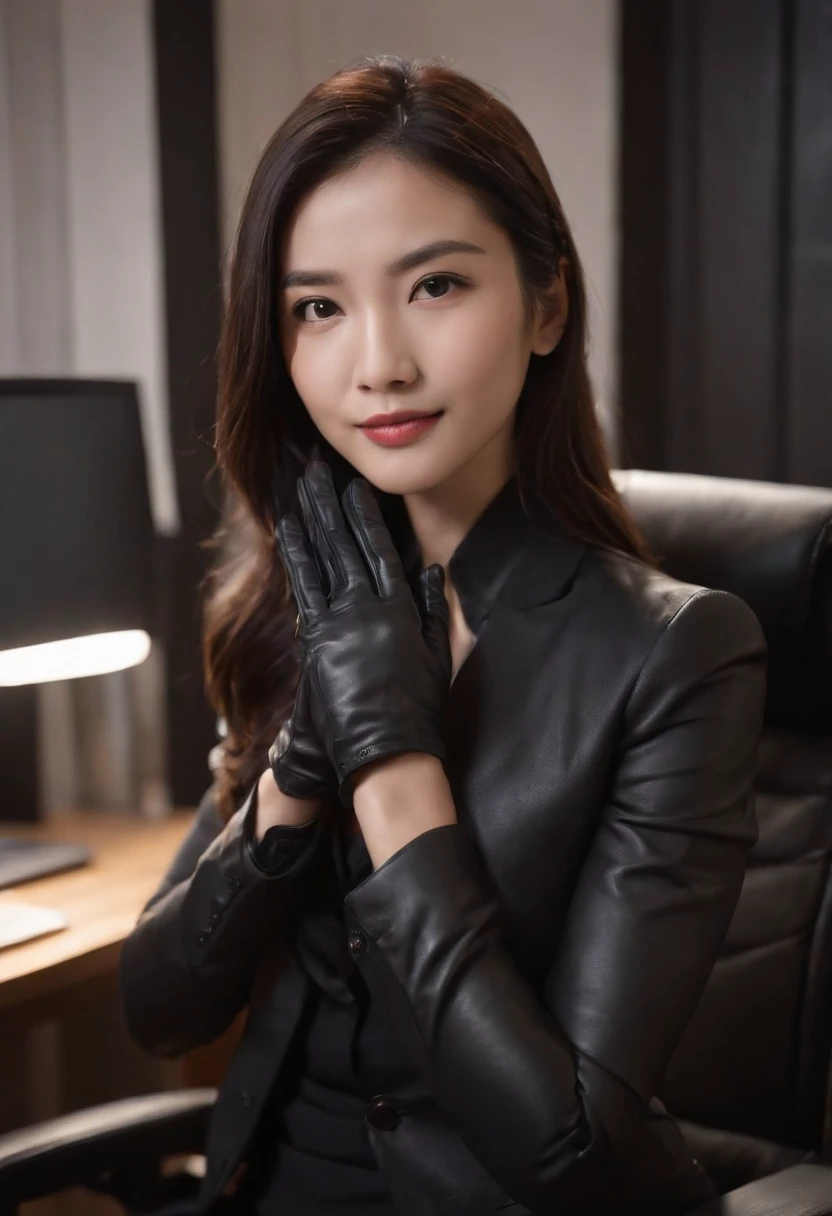 Wearing black leather gloves in both hands, upper body, black business suit, facing the desk in my room with a computer in the dark, looking down and smiling, operating the computer with the fingertips of black leather gloves, black hair bundled at the back for a long time, still young and very cute Japanese female new employee (black leather gloves cover both hands)