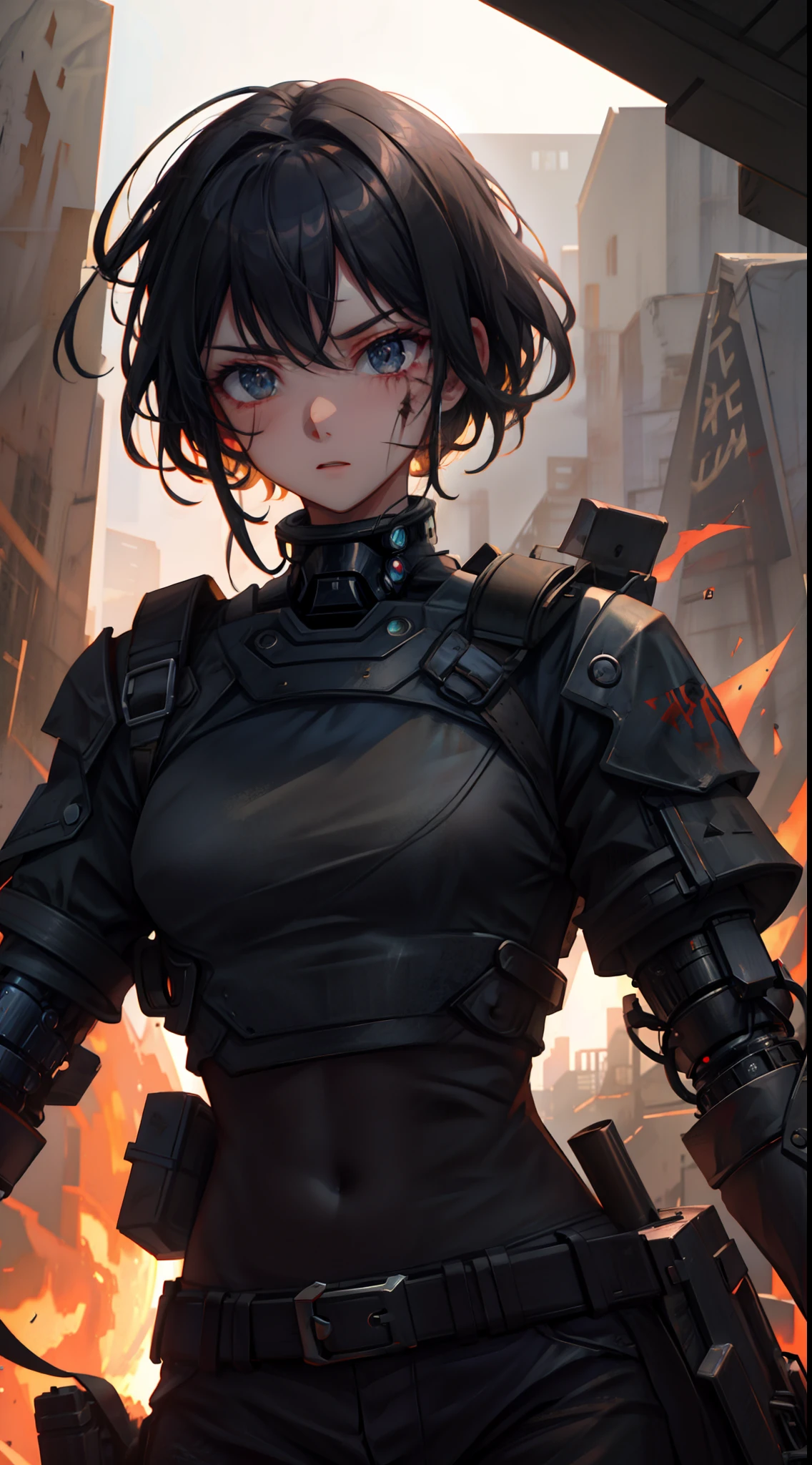 1 girl, upper body, single focus, survivor appearance, apocalyptic attire, battle-hardened look, (apocalyptic world: 1.4), (fighting for humanity: 1.3), cybernetic features, gritty aura, [depth of field, ambient lighting, post-apocalyptic style foreground, battle-ready appearance], Apocalyptic Sci-Fi, survival, post-cataclysmic world, (make-shift tech), (battle-scarred gear: 1.2), intricate details, enhanced lighting.