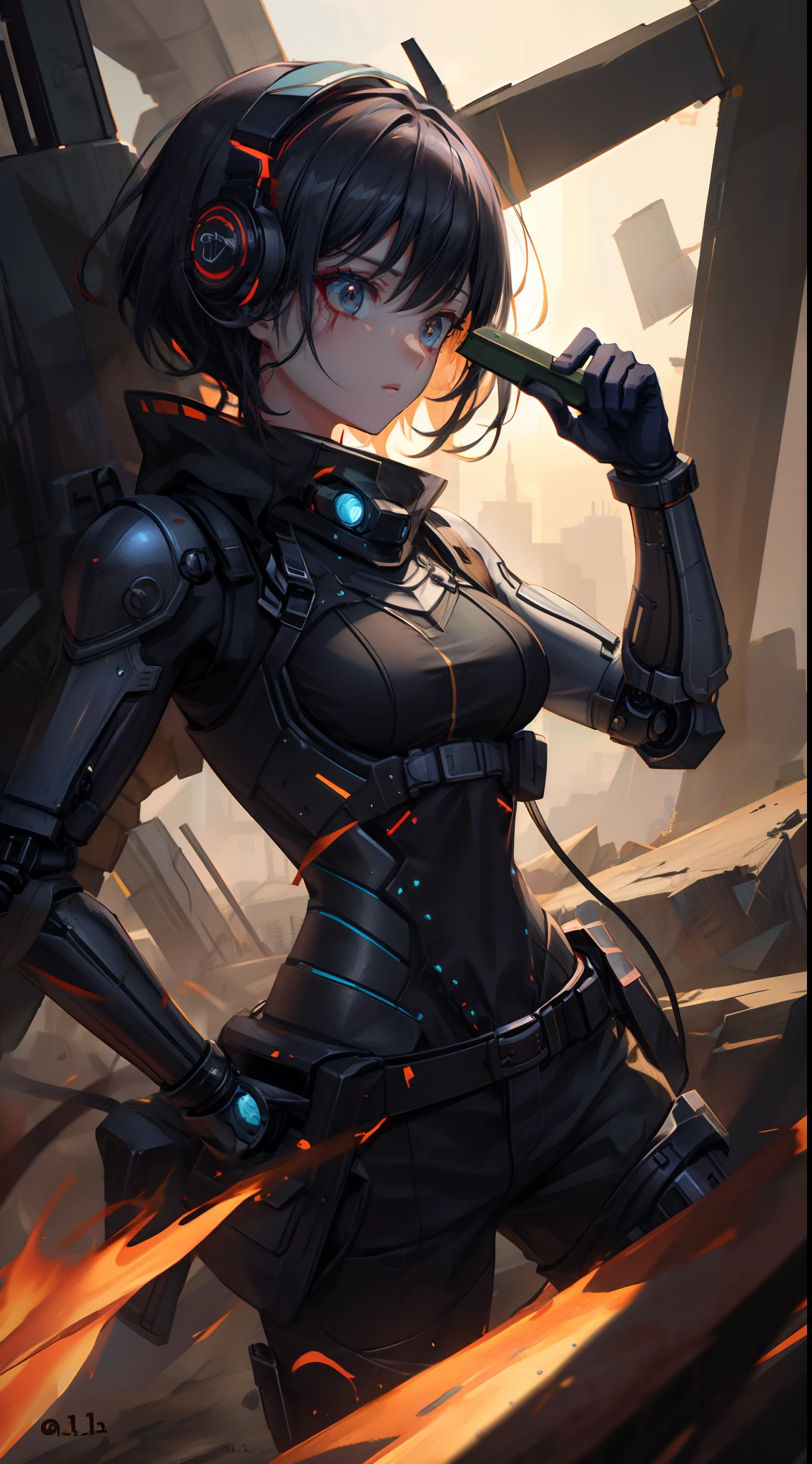 1 girl, upper body, single focus, survivor appearance, apocalyptic attire, battle-hardened look, (apocalyptic world: 1.4), (fighting for humanity: 1.3), cybernetic features, gritty aura, [depth of field, ambient lighting, post-apocalyptic style foreground, battle-ready appearance], Apocalyptic Sci-Fi, survival, post-cataclysmic world, (make-shift tech), (battle-scarred gear: 1.2), intricate details, enhanced lighting.
