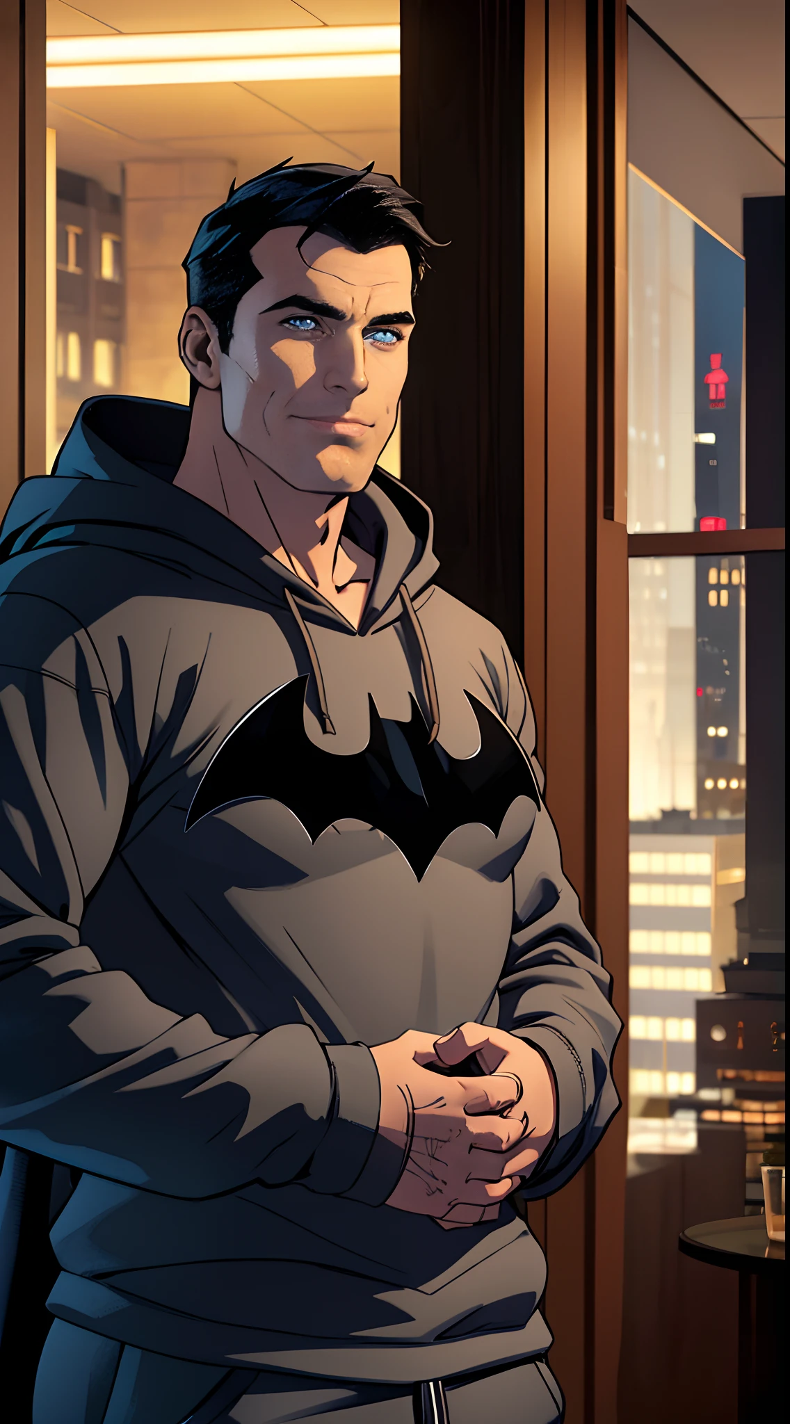 1 man, Bruce Wayne (Batman), muscular male, daddy, large pectorals, male focus, middle-aged man, black hair, short hair, blue eyes, smirks, face focus, gray hoodie, hands in pocket, upper body shot, skycrapers, indoors, ((masterpiece)), nightime
