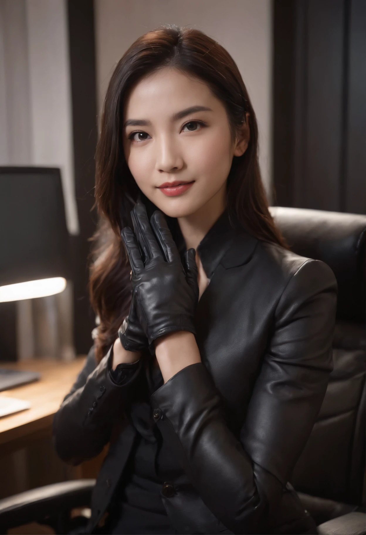 Black leather gloves with five fingers in both hands, black leather tight skirt, white blouse, black leather long boots, Japanese girl with straight black hair, sit on a leather chair with her feet aligned, both hands of leather gloves are aligned on her knees