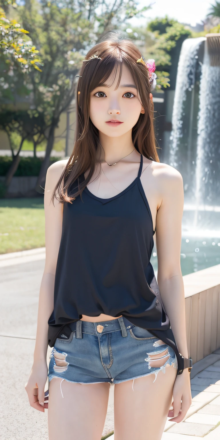 Highest quality, 8K, 11 years old、Fluffy long hair、Tank top、mini skirt、I know the shape of the nipples、A slight swelling of the chest、Beautiful Skin、Beautiful legs、smile、sea,