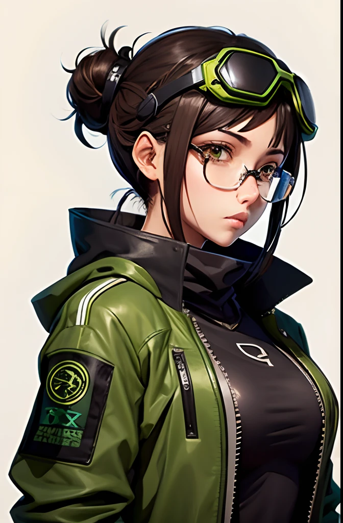 Wearing very large futuristic VR goggles on your head、Female Inventor, the hair on the head is dark brown, The hair on the head is tied into one, Big eyes、It has a light brown color, Large black-rimmed glasses, Freckles on the cheeks, Please wear an army green color flight jacket ,Modern anime style, anime style illustration, By Shinkai Makoto ( Apex Legends ), digital anime illustration, Dark brown skin color