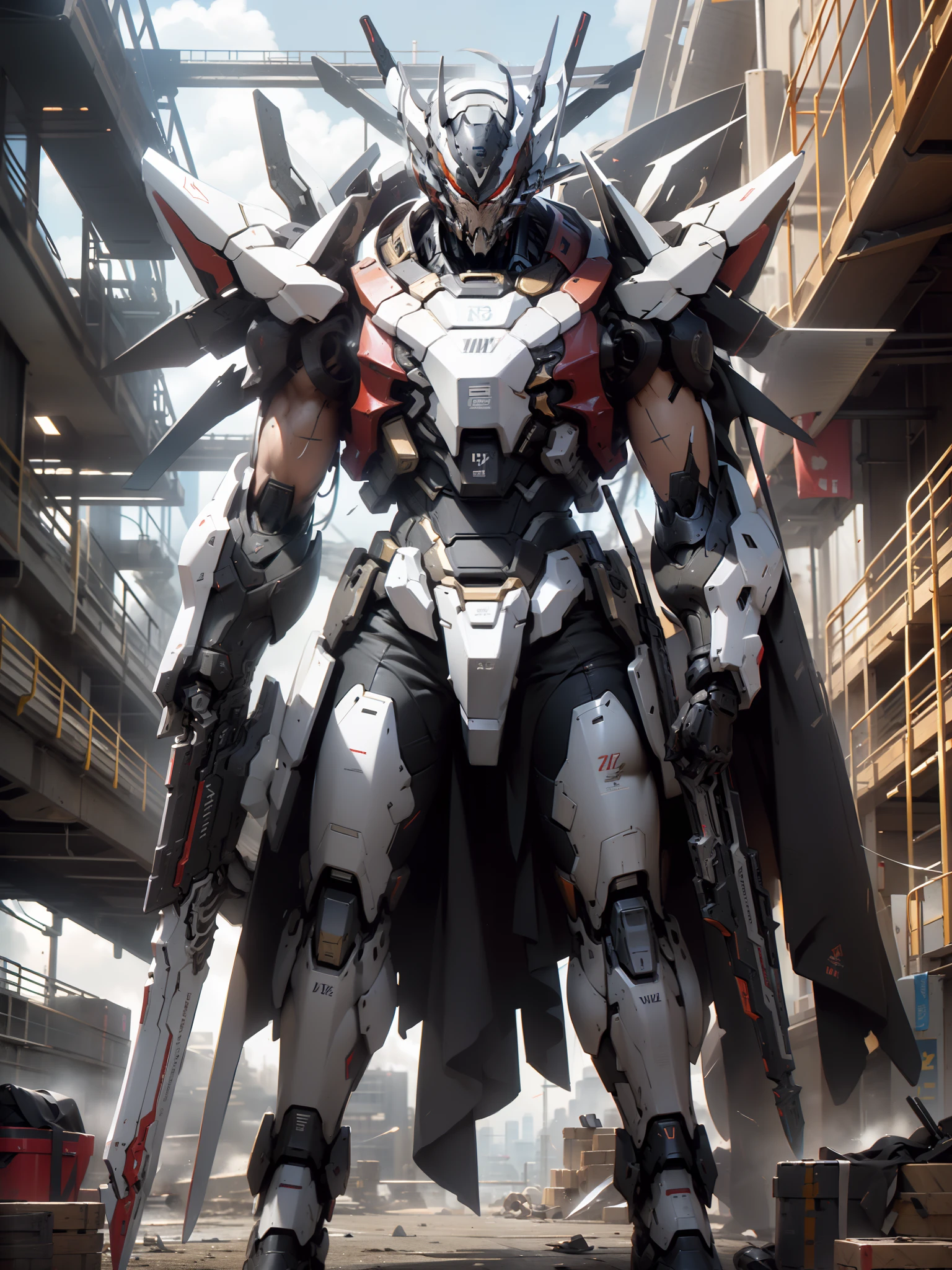 Hyper realistic illustration of super advanced ai 4D real life size of Gundam Venom, Black and Red Color wearing huge futuristic robe, neat and tidy body shape:: holding Super massive weapon, long shot, centered image, full view, hand granade, bulky, futuristic design, stylish weapon element, nerf weapon inspired, gunpla weapon inspired, nice color grading, color balance, clean and sharp image, nice brightness, dynamic shading, Nikon D4:: inspired by world class weapon illustration artist:: ((battlefield background, distruction, explosion))