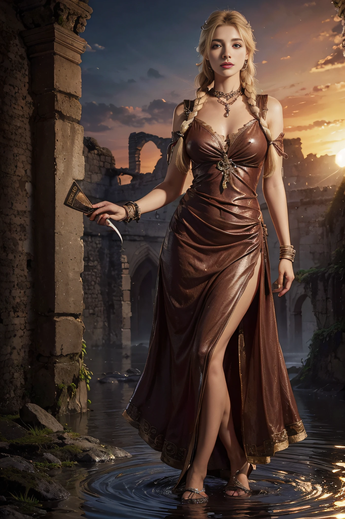 full shot of a confident woman with long blonde hair wearing a prehistoric sleeveless dress made of rectangular animal hide and animal skins and bear fur In the style of prehistoric style with long slit, she is in a prehistoric clearing, sunlight dappling through the trees. holding a spear and looking confidently out at the landscape